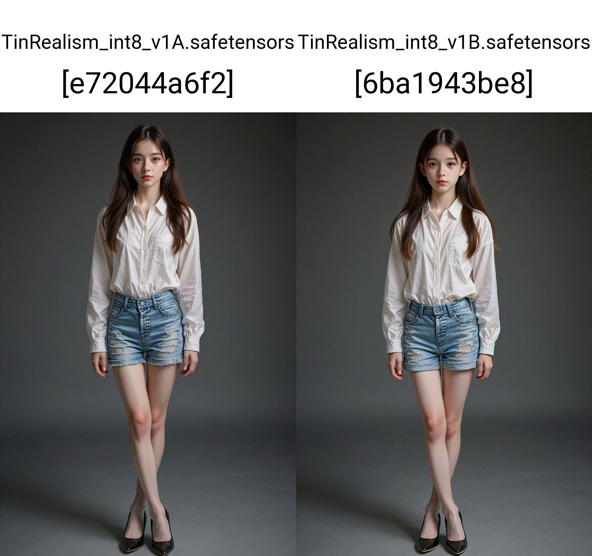 A young East Asian woman,  appearing to be in her early twenties,  stands centered in the frame against a plain on Tensor.Art