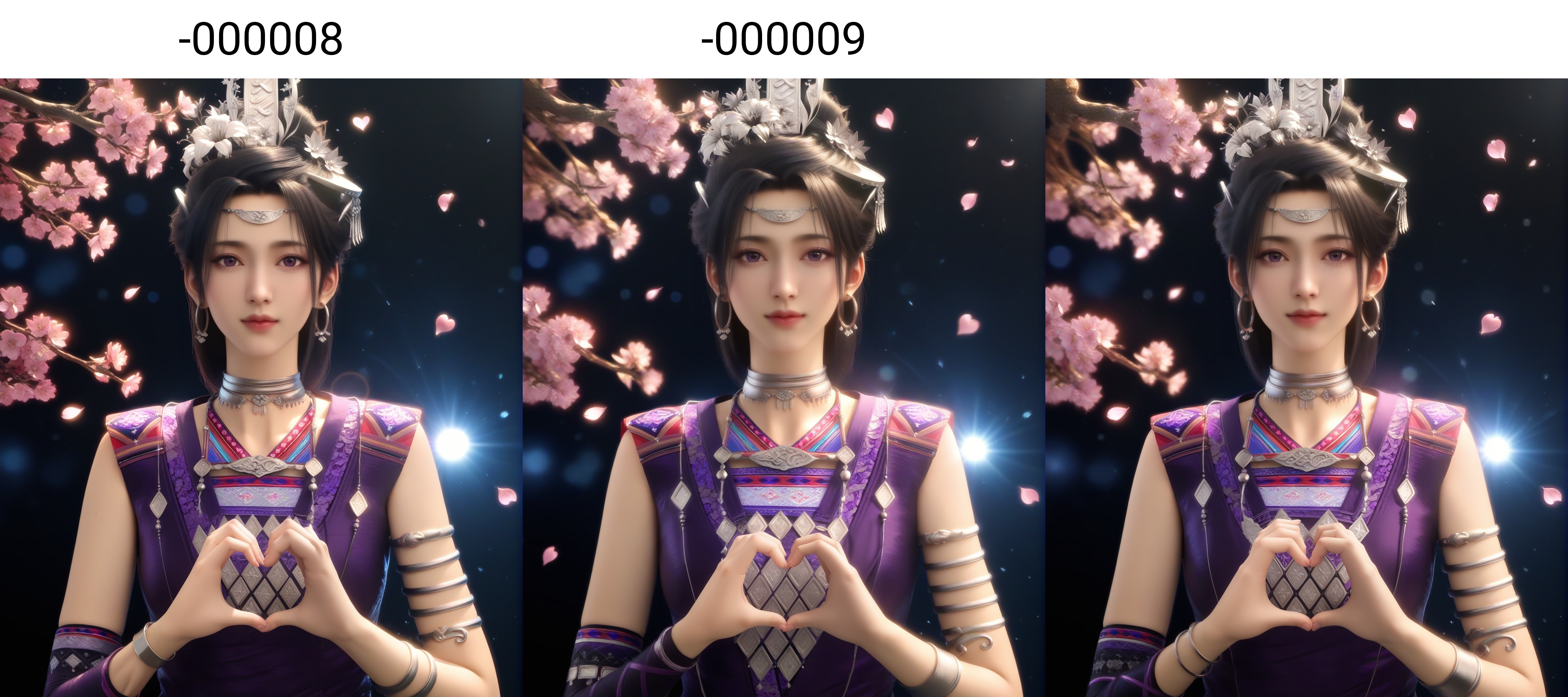 (score_9),(glamor:1.1),narrow waist,<lora:紫萱-pony-000008:0.83>,1girl,solo,long hair,black hair,hair ornament,jewelry,hoop earrings,circle,hair flower,tiara,zixuan,choker,silver choker,necklace,purple dress,elbow gloves,armlet,bracelet,single elbow gloves,collarbone,heart,spoken heart,(heart hands),looking at viewer,(front view),cowboy shot,BREAK<lora:皮肤凹痕:1>,(white_skin:1.1),(fair_skin:1.1),realistic,twig,branch,falling petals,simple background,black background,rim light,Volumetric Lighting,lens flare,Tyndall effect,depth of field,bokeh,sparkle,<lora:e色温:-0.6>,<lora:SDS-XL泛光调节器_v1.0:1.2>,