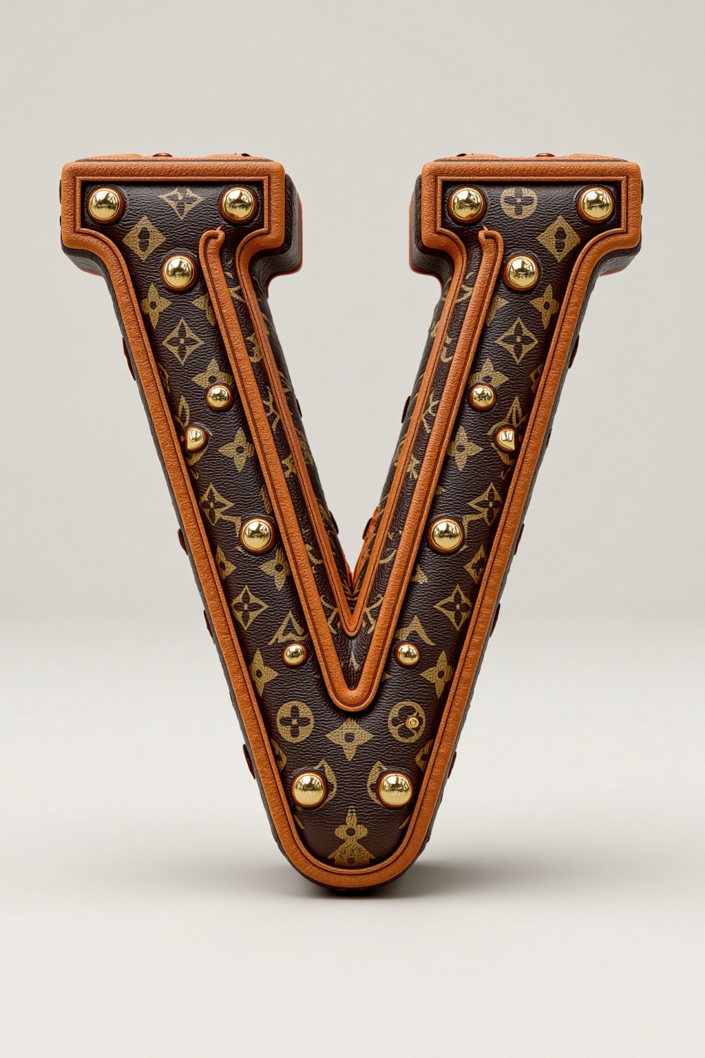 beijihui,The image shows a 3D model of a luxury handbag designed to resemble the letter "V." The bag is crafted from brown leather with a textured finish,accented by gold-tone studs along the edges. The bag features a distinctive monogram pattern,consisting of interwoven letters and symbols,which is characteristic of high-end fashion brands. The bag has a structured,elegant shape with a prominent V-shaped opening. It also includes a strap mechanism,suggesting it can be carried by hand or over the shoulder. The background is a plain,light-colored surface,which helps to highlight the bag's intricate design and craftsmanship.,
