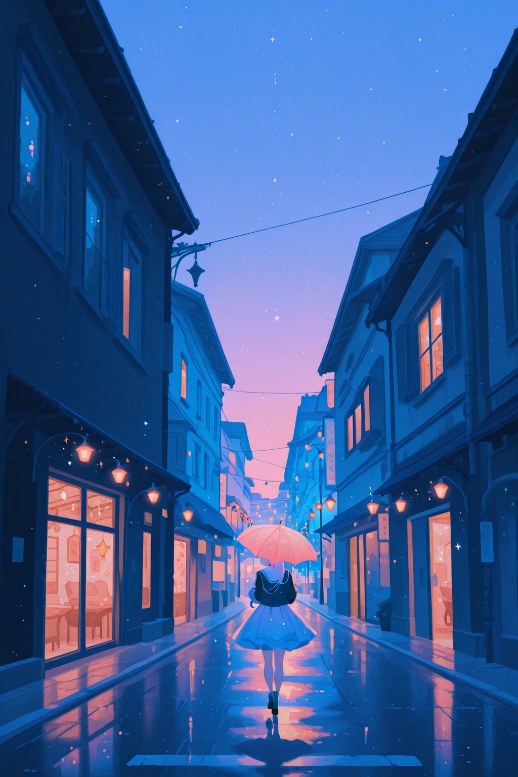 1girl,  japanese town at night,  street lamps on Tensor.Art