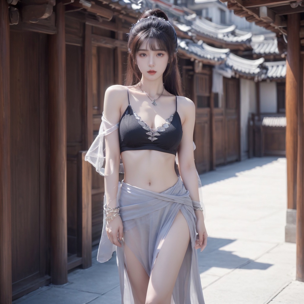 xuer Chinese goddess,1girl,solo,jewelry,blurry background,long hair,necklace,bare legs,navel,architecture,blue eyes,pelvic curtain,east asian architecture,hair ornament,brown hair,breasts,black hair,midriff,outdoors,looking at viewer,see-through,standing,closed mouth,bracelet,<lora:20231109-1699510907344:0.6>
