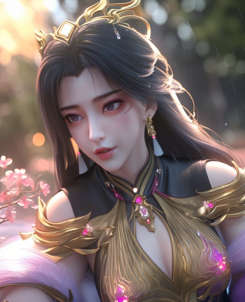 <lora:549-DA-百炼成神-司妙玲:0.8>(,1girl, ,best quality, ),looking at viewer,  ,,ultra detailed 8k cg, ultra detailed background ,ultra realistic 8k cg,          cinematic lighting, cinematic bloom, (( , )),,  , unreal, science fiction,  luxury, jewelry, diamond, pearl, gem, sapphire, ruby, emerald, intricate detail, delicate pattern, charming, alluring, seductive, erotic, enchanting, hair ornament, necklace, earrings, bracelet, armlet,halo,masterpiece, (( , )),, realistic,science fiction,mole,   ,cherry blossoms,,(((Best quality, masterpiece, ultra high res, (photorealistic:1.4), raw photo, 1girl, ,rain, , sunlight, sunset, qianqiu wanxia,     )))  (cleavage), (),