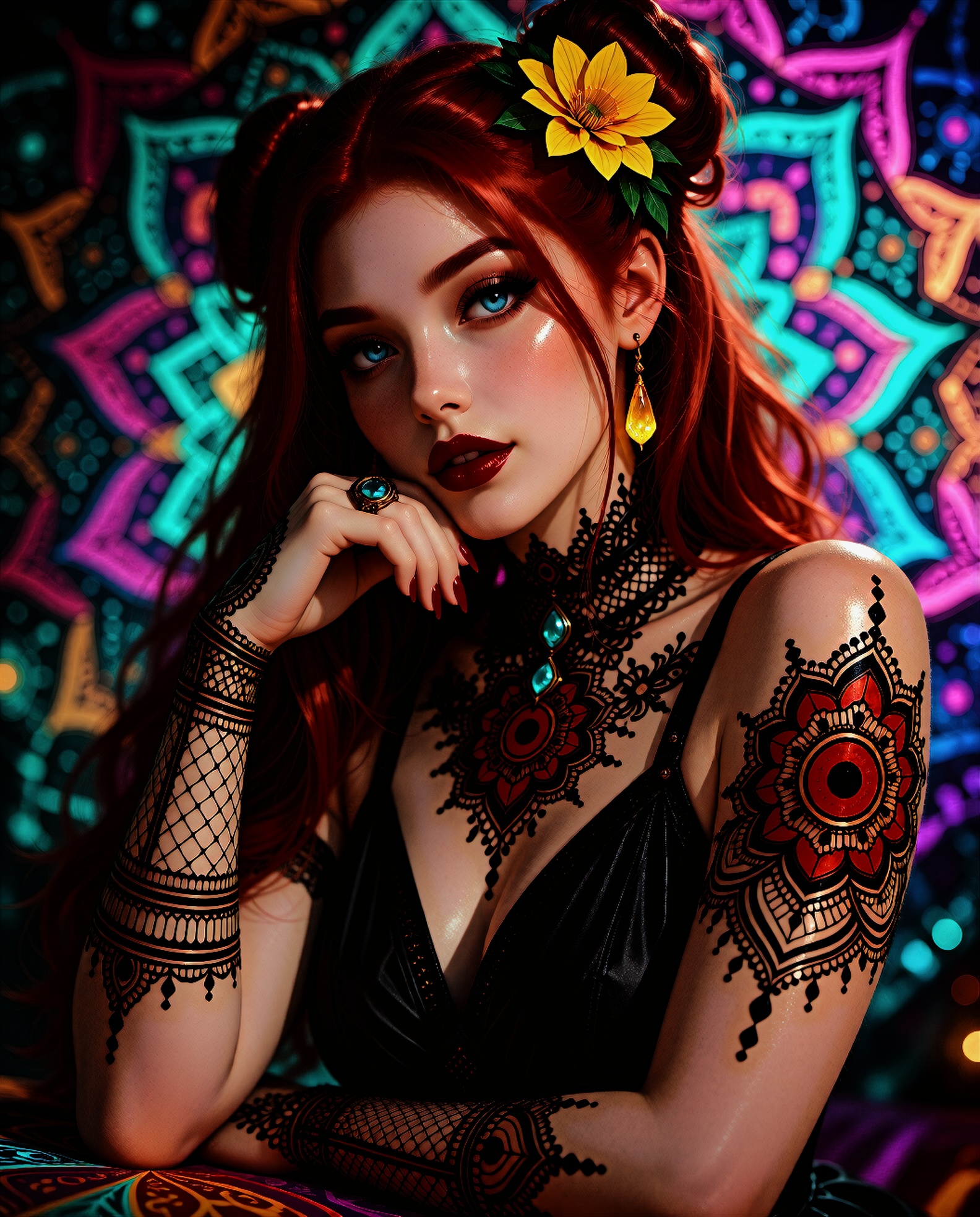 in a photorealistic cinematic style,  a beautiful woman with long red hair styled in two buns adorned with a yellow flower...