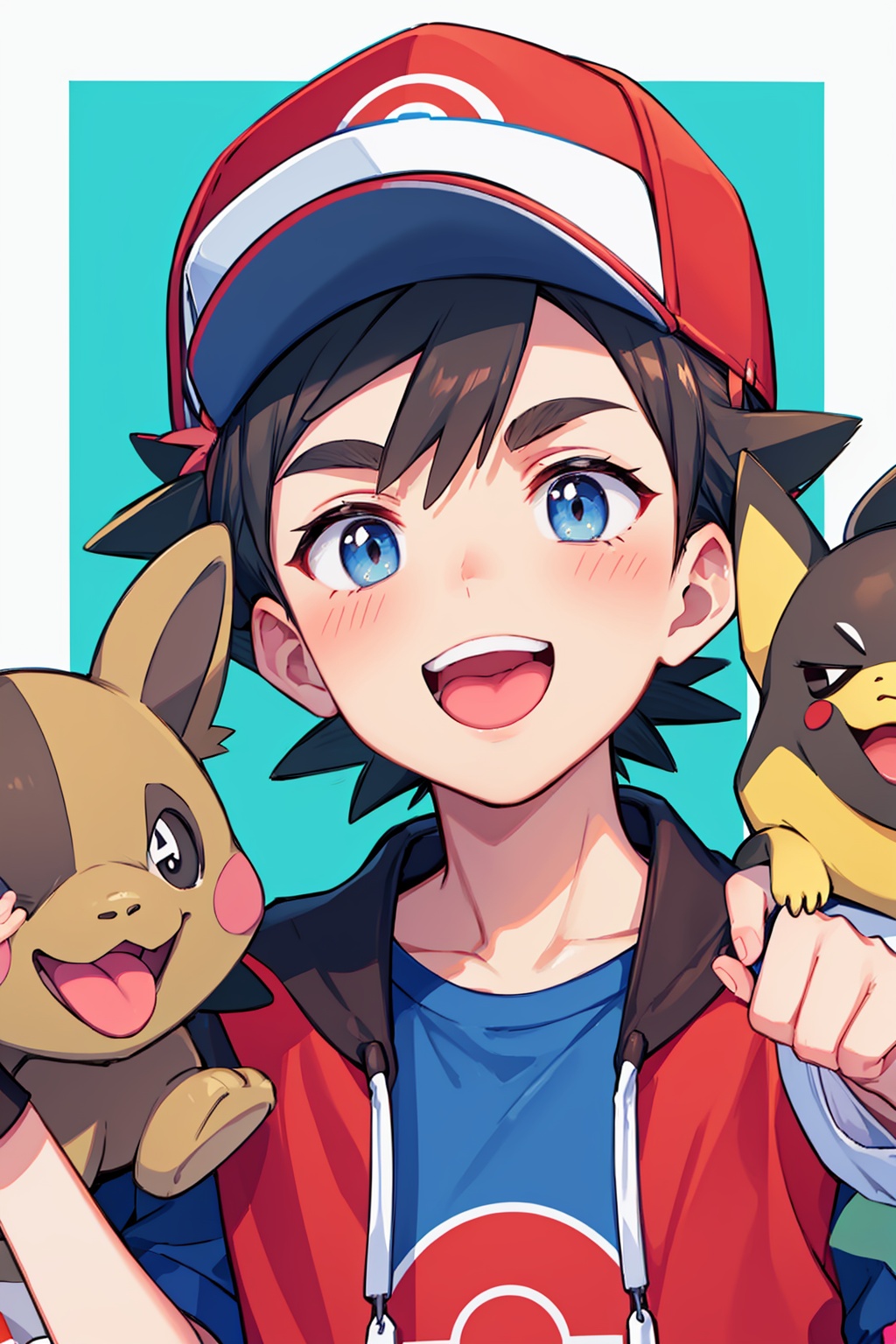 masterpiece,best quality, highly detailed, 1boy,baseball cap,kiawe (pokemon),t-shirt,male focus,open mouth,short sleeves,tongue,pokemon \(creature\),striped shirt,d,red headwear,blue shirt,blush,smile,upper teeth only,<lora:kiawe_(pokemon):1>