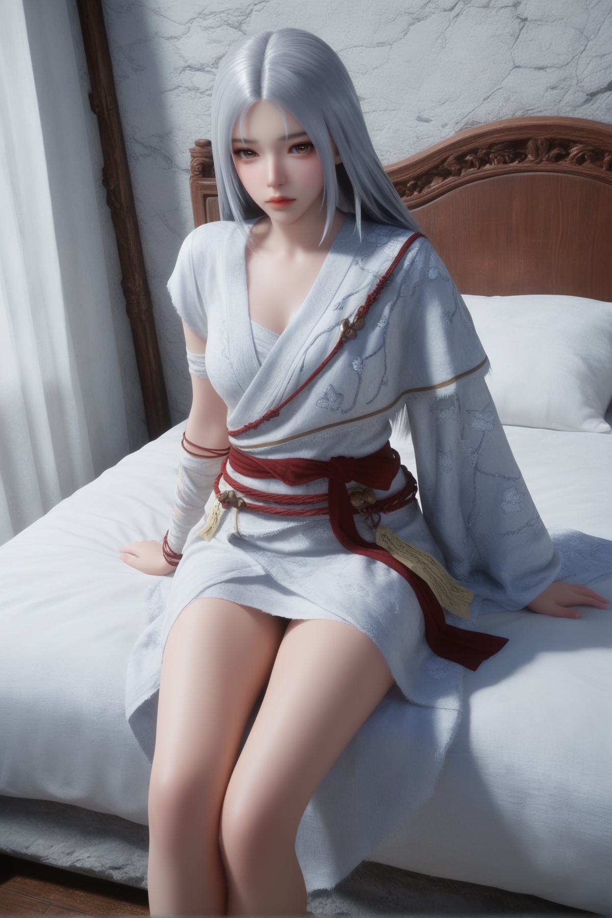 masterpiece,best quality,realistic,cinematic,detail eyes,(ultra-detailed),perfect composition,intricate details,absurdres,detailed face,high quality,high res,8K,<lora:X_bailing_IL4.0:0.8>,grey hair,white hair,brown eyes,1girl,long hair,breast,medium breast,hair_ornament,dress,bare_legs,sitting,bed,white wall,robe,bandaged arm,looking at viewer,bandages,realistic,looking_at_viewer,