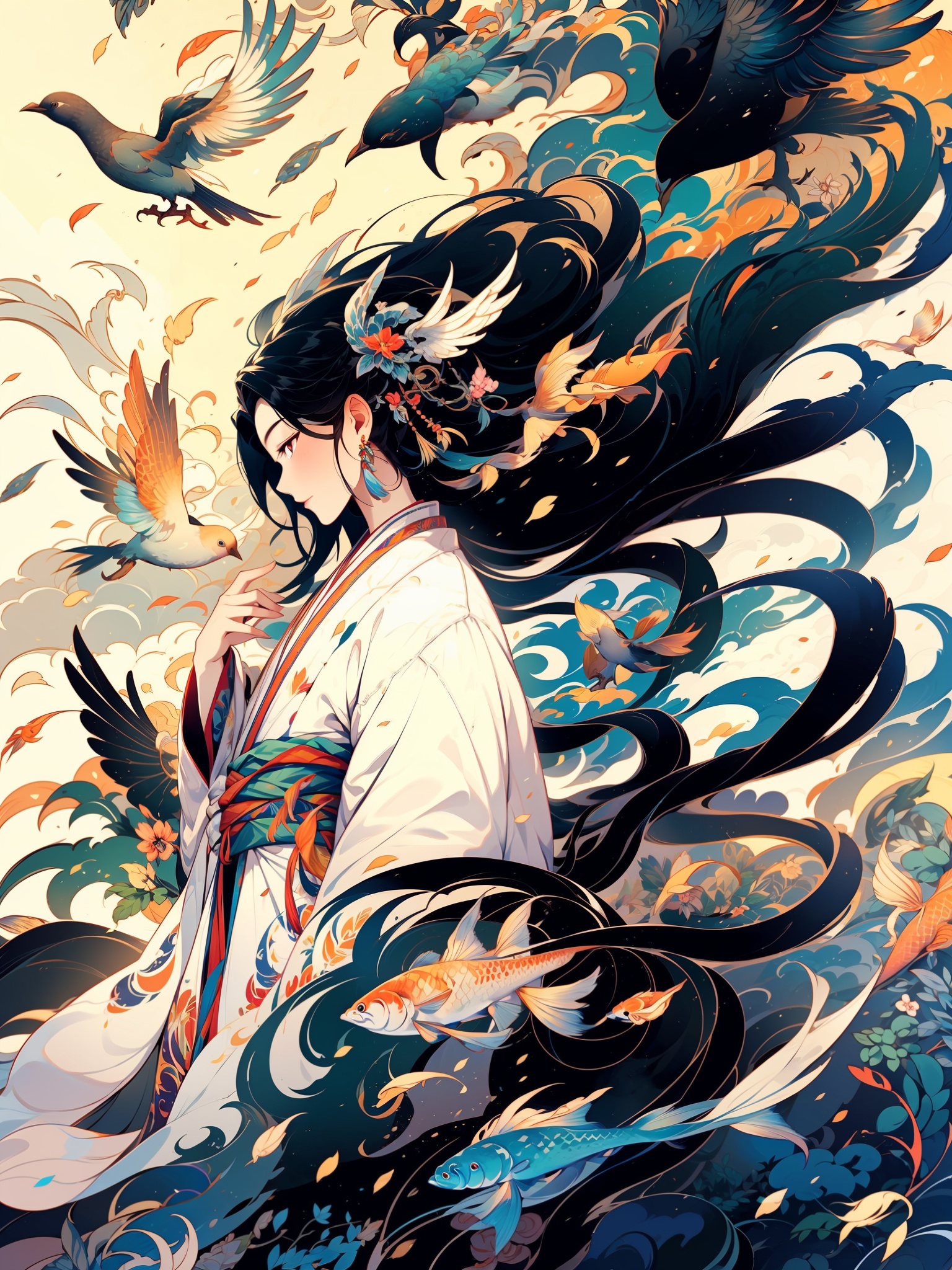 HTTP2, black hair, bird, solo, 1boy, cloud, hanfu, male focus, fish, wide sleeves, long sleeves, profile