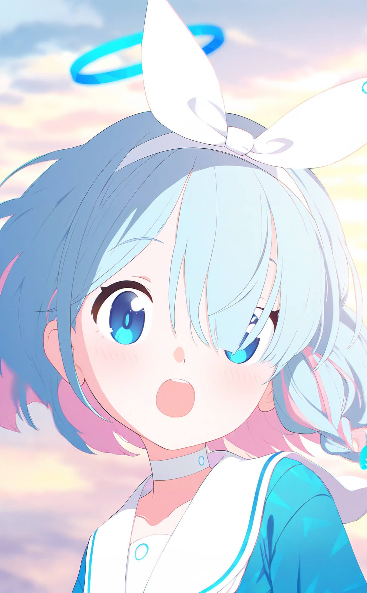 masterpiece,highres,absurdres,newest,best quality,high quality,loli,petite,chromatic_aberration,//,1girl, arona (blue archive), solo, halo, hair over one eye, blue hair, multicolored hair, sailor collar, braid, blue eyes, choker, looking at viewer, white sailor collar, pink hair, colored inner hair, white choker, school uniform, hairband, sky, upper body, serafuku, open mouth, cloud, single braid, blue shirt, short hair, bow hairband, white hairband, shirt, floating hair, cloudy sky, outdoors, neckerchief, two-tone hair, collarbone, blue halo, blurry//,<lora:ba33——【noob】hans:1>,