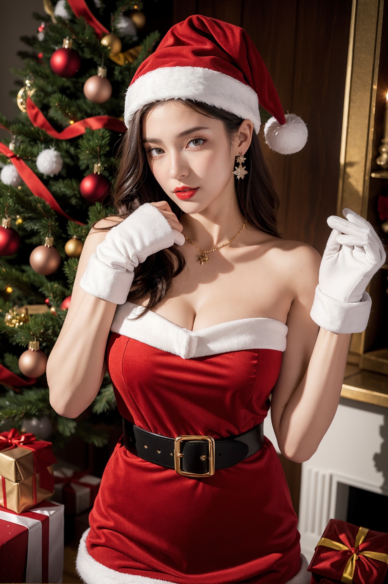 (8k, RAW photo, best quality, masterpiece:1.2),1girl, solo, thighhighs, breasts, hat, striped, gloves, belt, dress, long hair, santa hat, brown hair,, jewelry, striped thighhighs,(((upper body))), cleavage, strapless,night , red gloves, earrings, bare shoulders,strapless dress, looking at viewer, large breasts, fur trim, santa costume, red dress, realistic, standing, red lips, pom pom (clothes), necklace, lips, fur-trimmed dress, signature, black belt, short dress,Christmas tree, red socks,,indoor,(fur-trimmed dress,Christmas pants, Christmas shoes,Christmas gloves, fingerless gloves, wrist cuffs,Christmas atmosphere,yellow light）,(extremely delicate and beautiful),   <lora:santa2:0.8>