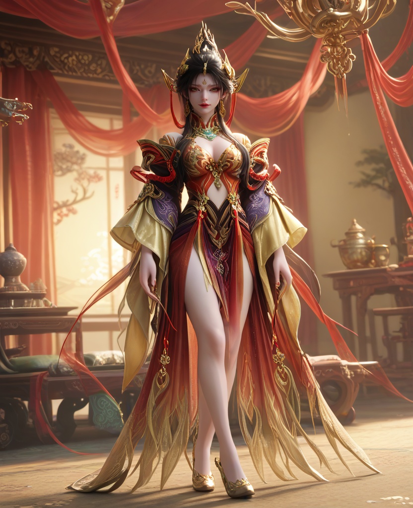 (oriental architecture, elegant decor, sophisticated style:1.1),(playing with her hair:1.1),(breasts:1.2),<lora:永劫无间南宫锦五丰太岁:0.95>,miss nangongjin,orange red corset dress with plum,yellow eyes,eyeshadow,forehead mark,black hair,traditional chinese updo with long front strands,hair ornament,earrings,jewelry,claw ring,wide flowing sleeves,cleavage,high heels,, score_9,score_8_up,score_7_up,score_6_up,score_5_up,score_4_up,3d rendering,tag1,tag2, Cinematic Lighting,backlighting,