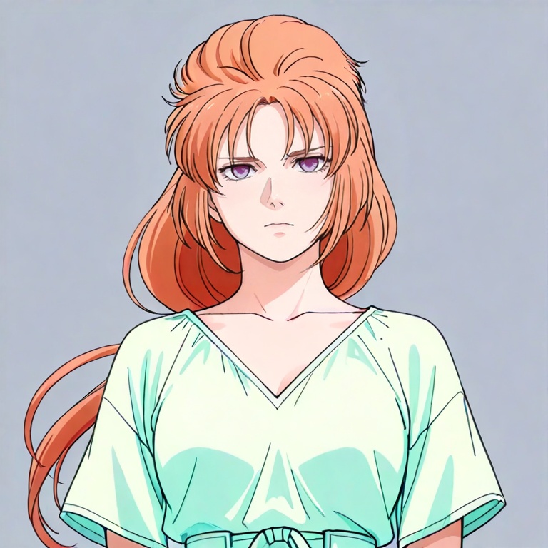 masterpiece, best quality,solo,(grey background:1.2),simple background,1girl,looking at viewer,  Marida_Cruz,anime_style,Ple_12,Ple_XII,long hair,purple eyes,orange hair,<lora:UC0096-玛莉妲·库鲁斯-ILL:0.8>