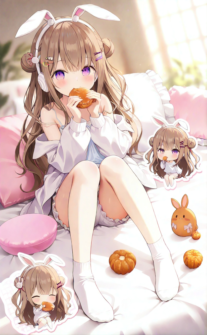 masterpiece,very aware,highres,absurdres,newest,best quality,loli,petite,high quality,chromatic_aberration,cinematic_angle,dutch angle,blurry_foreground,A light gradient background with white on top and brown at the bottom,//,1girl,animal ears,brown hair,hair ornament,long hair,purple eyes,rabbit ears,hair bun,socks,fake animal ears,jacket,holding,double bun,off shoulder,shorts,very long hair,sitting,white jacket,open clothes,white shorts,headphones,open jacket,food,long sleeves,knees up,strap slip,chibi,closed mouth,crescent hair ornament,bangs,bare shoulders,frills,crescent,closed eyes,camisole,short shorts,no shoes,pillow,virtual youtuber,game controller,rabbit hair ornament,holding food,looking at viewer,hairclip,eating,white socks,blush,frilled pillow,bloomers,underwear,multiple views,puffy long sleeves,puffy sleeves,full body,white bloomers,//,//,official art,blurry background,depth of field,detailed light,best shadow,shiny skin,cinematic lighting,ray tracing,amazing quality,very aesthetic,absurdres,beast quality,ultra detailed,newest,8K,HDR,full_shot,//,<lora:lora:1>,
