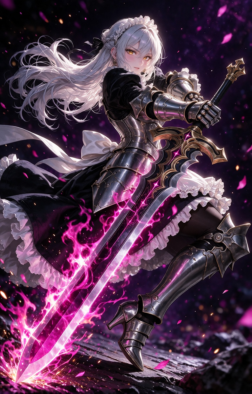 Anime movie screenshot of a silver-haired armored maid mid-leap with golden eyes looking back over her shoulder,  swinging...