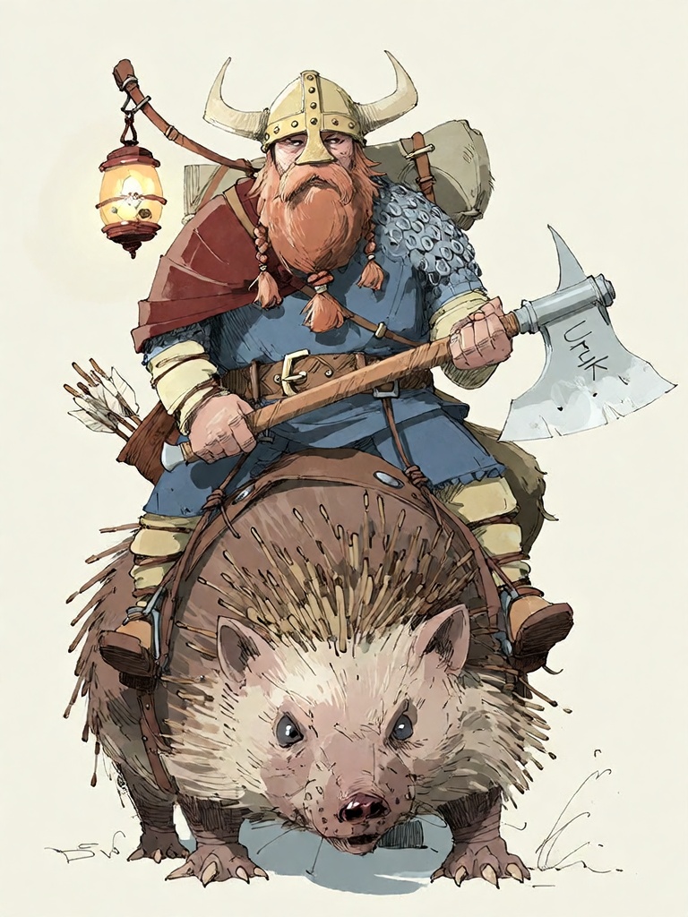 Bradhamel art style.A detailed illustration of a stout,  bearded Viking warrior with horned helmet and chainmail,  riding...