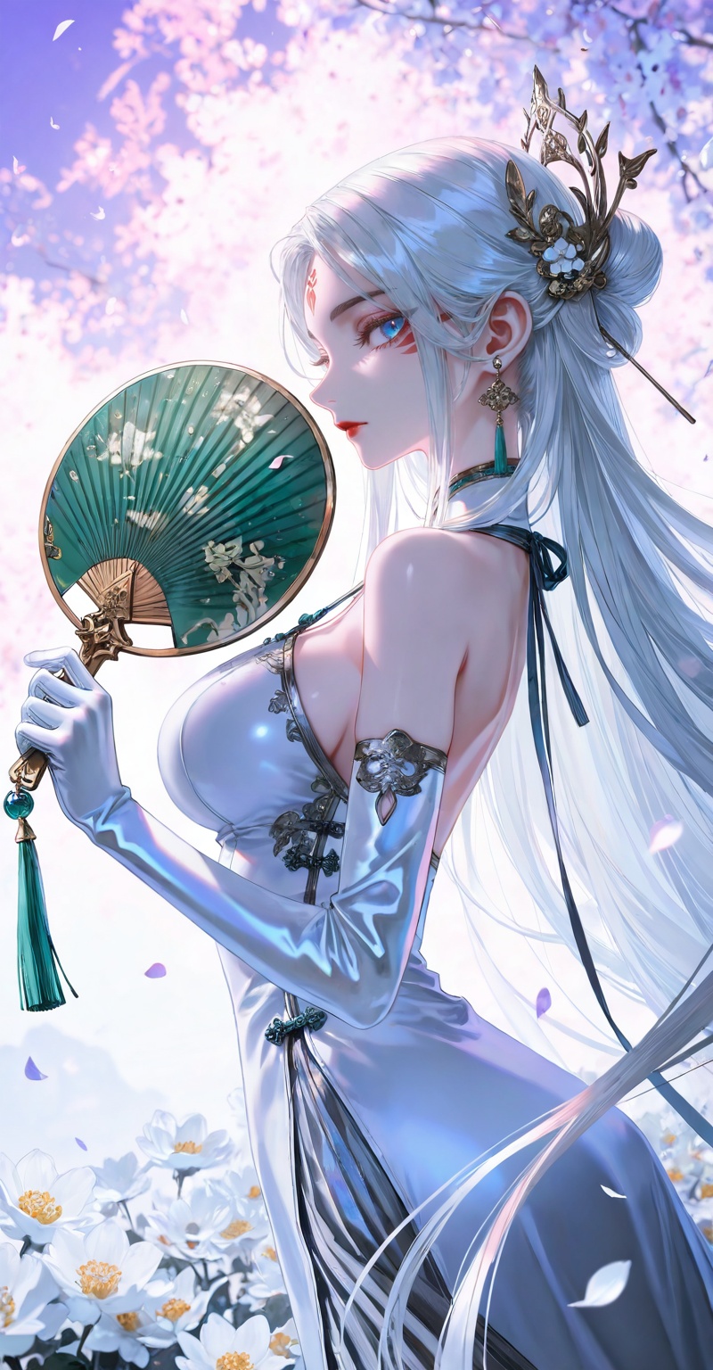 <lora:小白·直发ill-0.0801:0.6>,xiaobai,1girl,solo,facial mark,long hair,white hair,forehead mark,looking at viewer,lips,red lips,blue eyes,large breasts,1girl,Side profile character,solo,the West_dress,elbow_gloves,white dress,(halter_dress:1.1),(Green fan:1.3),solo,jewelry,ribbon,looking at viewer,hair ornament,breasts,holding_fan,petals,earrings,closed mouth,tress ribbon,many white flower,Her eyes gleamed with a purple light,chinese clothes,close-up details,outstanding style,adding a touch of dimension to your images without compromising details,whirls of vapor,iridescent textures,(Anime:1.1),ethereal ambiance,delicate details,magical high-concept,32K UHD,sharp focus,best-quality,masterpiece,golden hour,unconventional supreme masterpiece,masterful details,temperate atmosphere,with a high-end texture,in the style of fashion photography,photography,cover,dynamic angle,dynamic posture,(artist:quasarcake:0.8),extreme aesthetic,(wlop:0.6),(honjou raita, lack, rella:0.5, wanke),masterpiece,best quality,good quality,very aesthetic,absurdres,visual impact,a shot with tension,ultra-high resolution,32K UHD,sharp focus,best-quality,masterpiece,emotionalization,unconventional supreme masterpiece,masterful details,temperate atmosphere,with a high-end texture,in the style of fashion photography,(visual impact:1.2),giving the poster a dynamic and visually striking appearance,impactful picture,official art,colorful,splash of color,movie perspective,masterpiece,best quality,amazing quality,very aesthetic,absurdres,best quality,newest,