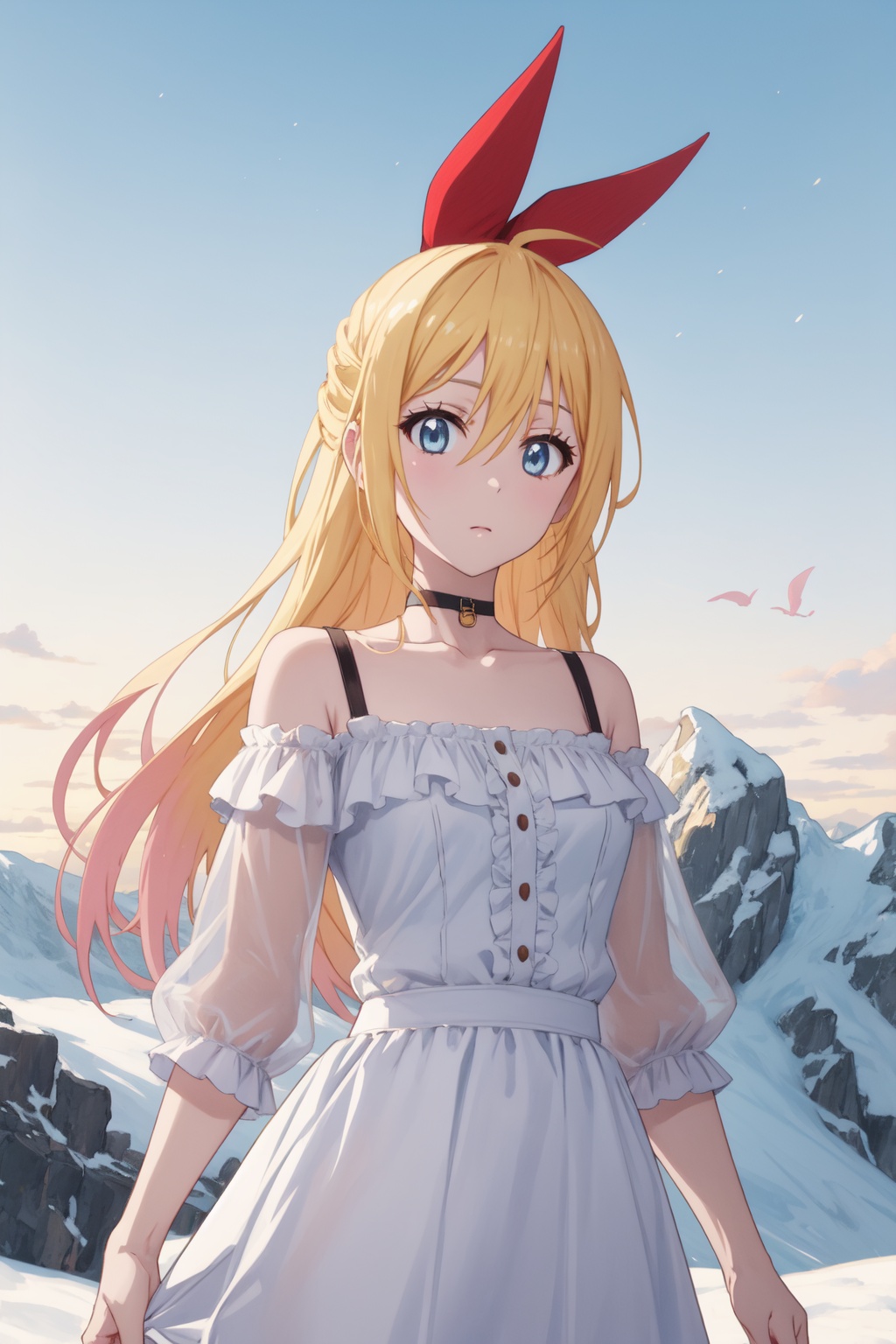 <lora:Chitoge-000008:0.8>,Chitoge CYQL,1girl,looking at viewer,solo,long hair,blonde hair,hair between eyes,ribbon,hair ribbon,red ribbon,hair bow,blue eyes,choker,Striped off-the-shoulder sundress with a smocked bodice,grin,upper_body,Glacier, Ice, Crevasse, Snowfield, Seracs, Mountaineers, Cold, Ice caves,(Meadow flowers, Butterflies, Wildflower carpet, Springtime blooms, English landscape, Meadow breeze:0.5),beautiful detailed sky,beautiful detailed glow,posing in front of a colorful and dynamic background,masterpiece,best quality,beautiful and aesthetic,contrapposto,female focus,wallpaper,