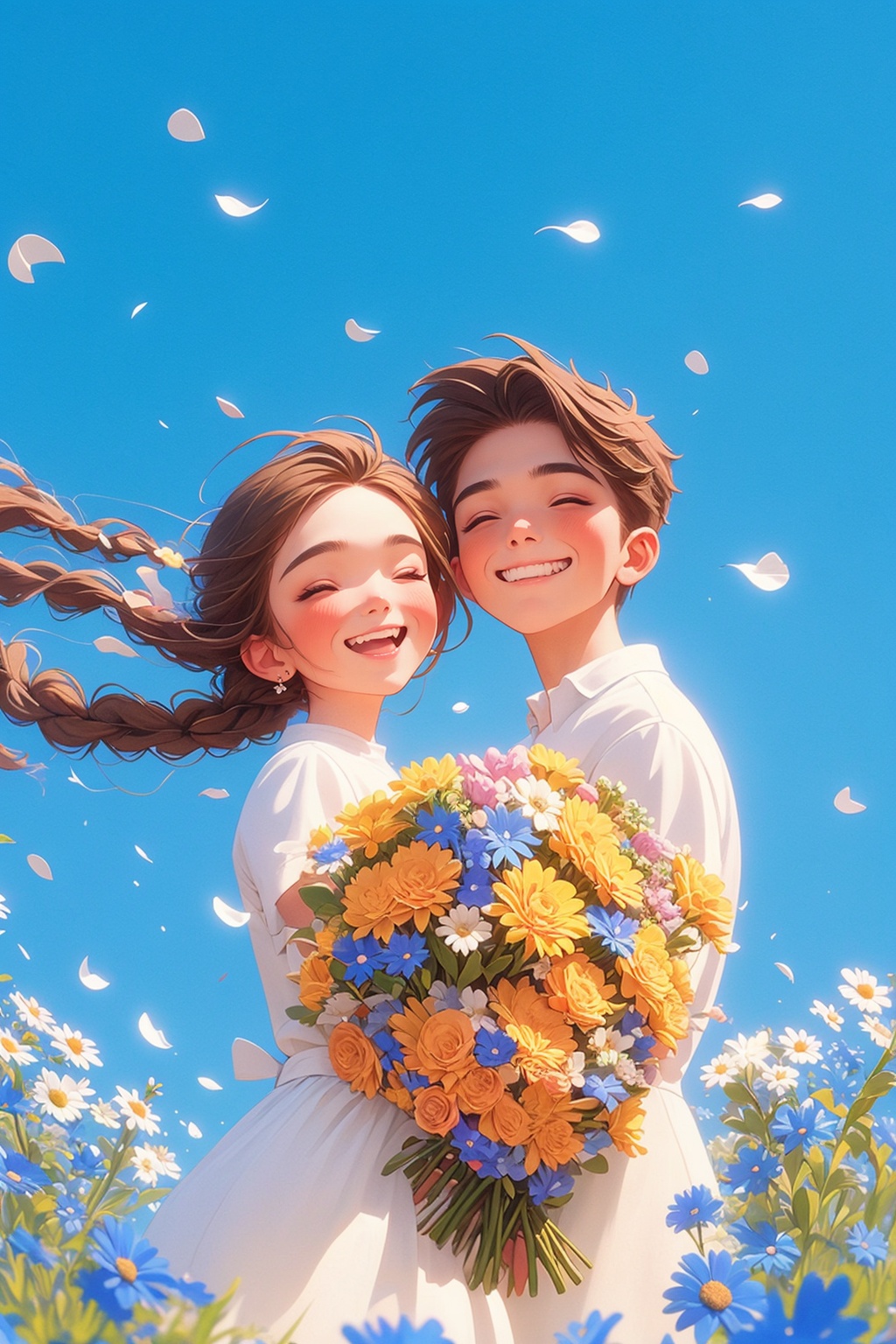 1girl, long_hair, blush, smile, short_hair, open_mouth, brown_hair, shirt, long_sleeves, 1boy, dress, holding, jewelry, closed_eyes, white_shirt, braid, flower, short_sleeves, hetero, earrings, outdoors, sky, teeth, day, pants, white_dress, grin, blue_sky, petals, floating_hair, siblings, blue_background, happy, thick_eyebrows, couple, white_flower, blue_ribbon, wind, facing_viewer, blue_flower, bouquet, brother_and_sister, holding_flower, brown_pants, holding_bouquet, falling_petals