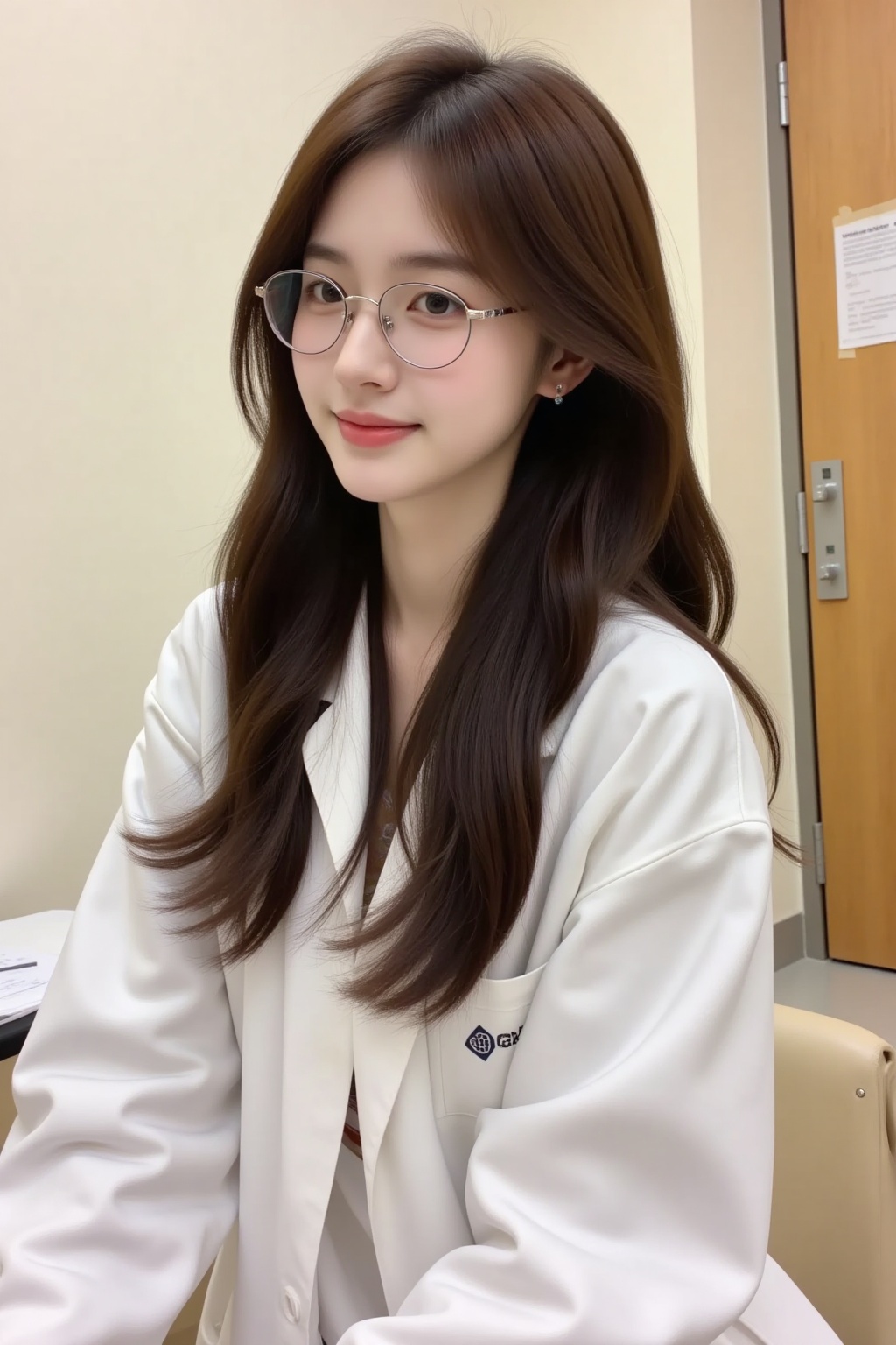 beauty,The image is a high-resolution photograph featuring a young Asian woman with long, wavy brown hair cascading past her shoulders. She is wearing a white lab coat over a light-colored top, giving her a professional appearance. She has a slender physique and is wearing thin-framed, round glasses with small decorative details on the temples. Her skin is fair, and she has a gentle, welcoming smile on her face. She is seated, with her hands resting on her lap.The background suggests an indoor setting, possibly a laboratory or a medical facility. The walls are painted a light cream color, and there is a wooden door to the right side of the image, partially open, revealing a glimpse of a hallway beyond. The door is light brown with a metal handle and a small window near the top. There is a piece of paper taped to the wall behind her, though the content is not clear.The overall ambiance is clean and orderly, with a focus on functionality and professionalism. The lighting is bright and evenly distributed, highlighting the subject and the details of the setting. The photograph captures a moment of calm and focus, likely during a work or educational session.