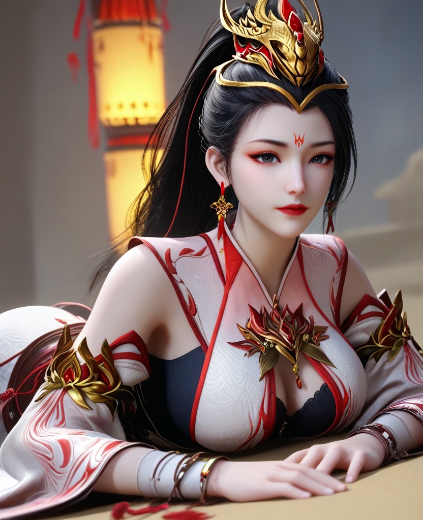 (oriental architecture, elegant decor, sophisticated style:1.1),(Lying on the stomach, propped up on elbows:1.1),Grimace,(large breasts:1.2),<lora:XL16师兄啊师兄玖酒:0.95>,miss jiujiu,white dress,forehead mark,black hair,ponytail,long hair,hair ornament,jewelry,earrings,black slip dress,black high-heeled sandals,red lips,, score_9,score_8_up,score_7_up,score_6_up,score_5_up,score_4_up,3d rendering,tag1,tag2, Cinematic Lighting,backlighting,