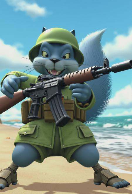 conkerlr. a blue squirrel in army uniform and holding an assault rifle storming the beach. on Tensor.Art