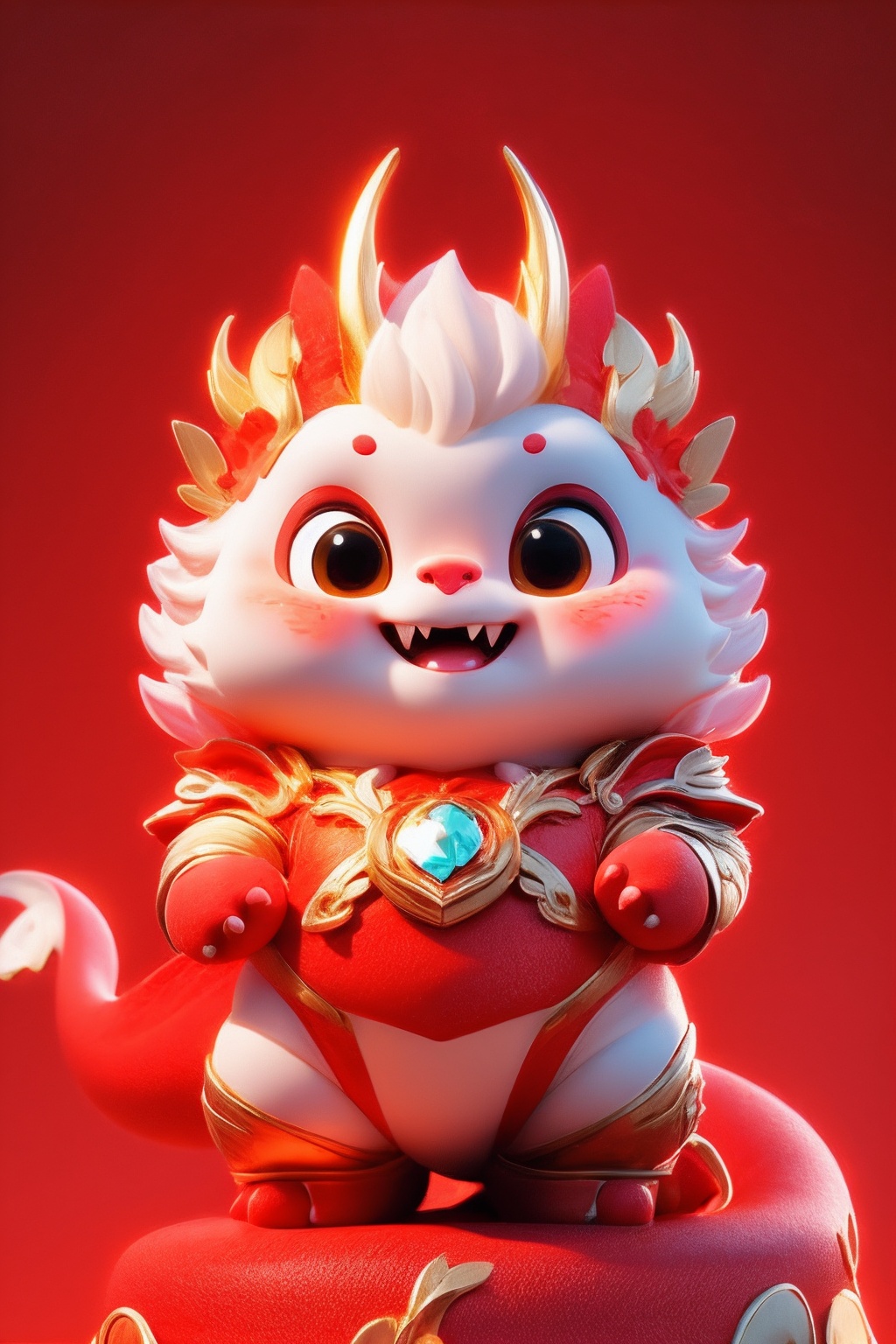 a cute pink and white pet,scale,cloud mass,red theme,<lora:Dragon Baby_20231209214719-000009:0.8>,((masterpiece)),rich details,extremely exquisite,claw,head gemstone,red background,fangs,complex background,