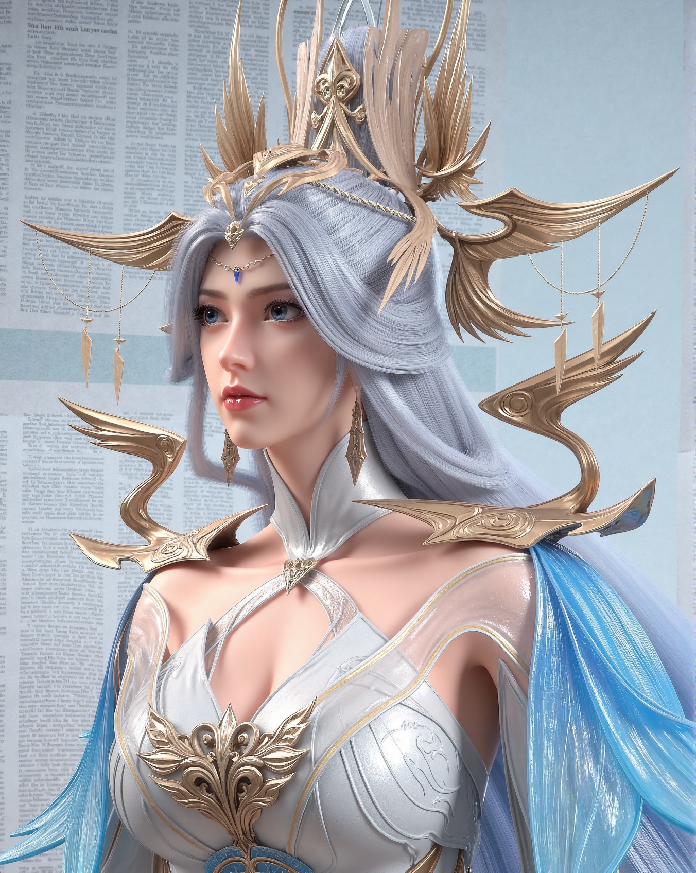 (mature_female),watercolor painting style,masterpiece,realistic,extremely intricate,portrait of a fantasy female character flying in the sky,celestial beauty,mystical aura,long flowing silver-blue gradient hair,bright blue eyes,red lips,delicate facial features,ornate fantasy armor-dress hybrid (white, blue, gold),feather-like extensions,golden details,large complex feathered headdress,intricate earrings,blue gemstone necklace,ethereal atmosphere,cinematic lighting,high detail,4K ultra HD,digital watercolor texture,vintage newspaper wall background,fantasy art style,elegant and regal presence,