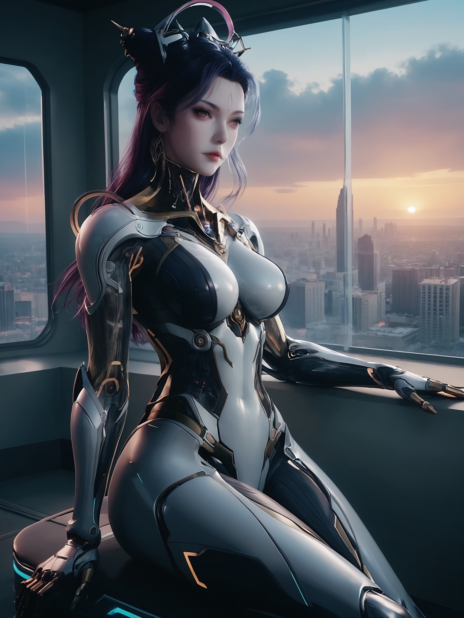 score_9_up,1girl,solo,sitting,window,frills,sky,cloud,indoors,cityscape,closed_mouth,sunset,looking at viewer,<lora:吞噬星空-霞Pony:0.7>,long dark hair with a hint of purple highlights. adorned with a futuristic,metallic headpiece,her face is almost robotic appearance. wears a sleek,form-fitting suit that blends organic and mechanical elements,