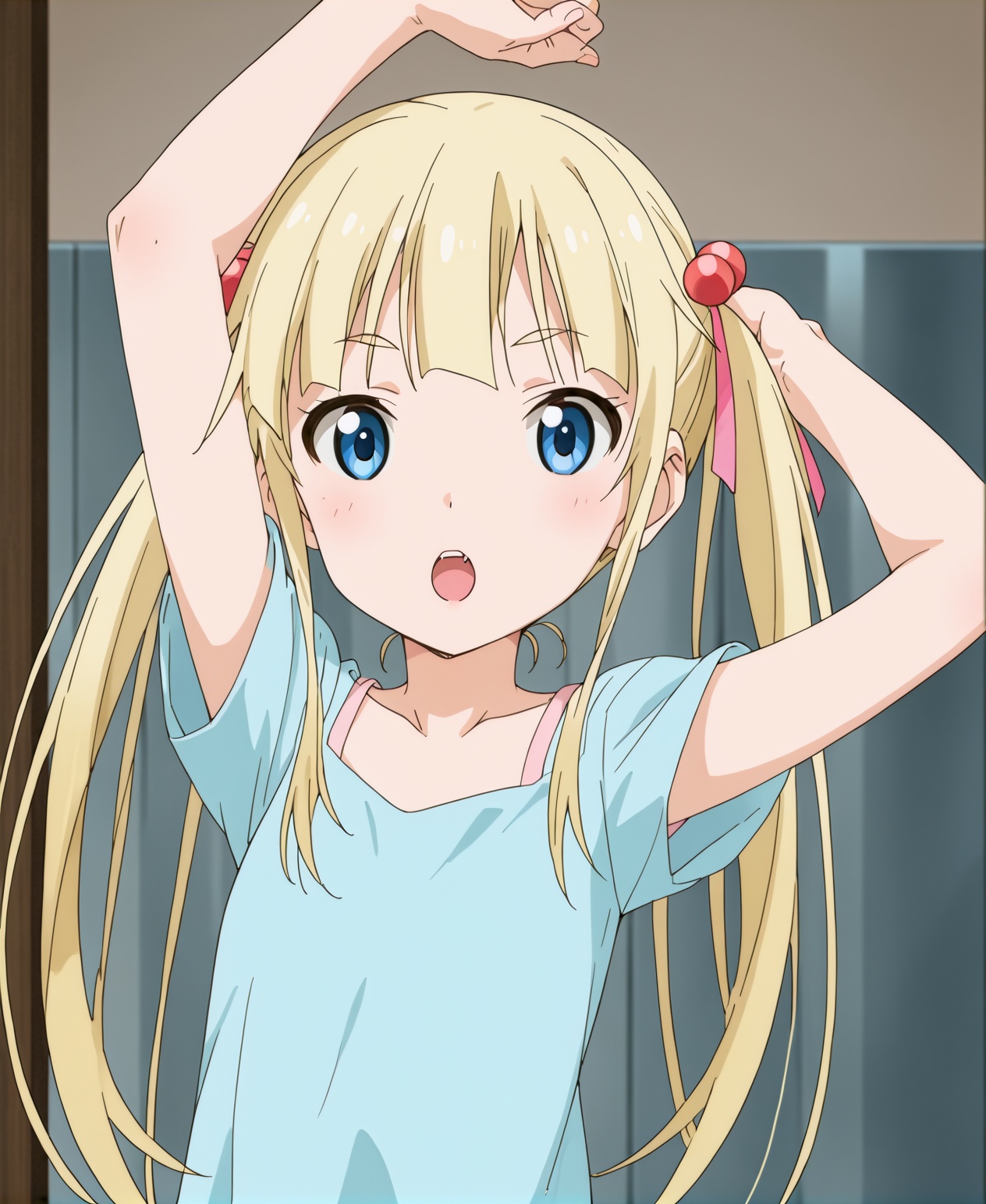 1girl,solo,long hair,open mouth,blue eyes,blonde hair,hair ornament,ribbon,twintails,upper body,arm up,hair bobbles,<lora:pony动画锻炼-樋口绘里2.0:0.8>,looking at viewer,