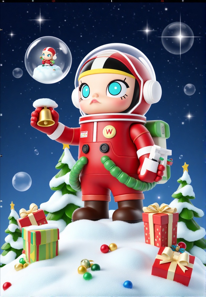 F1PopMart,F1FootMeiJia,F1PomaRuass,F1EUGispy,F1MingGUOCiqi,F1CNShanhaij,F1PopMart, The image depicts a whimsical, stylized astronaut character standing on a snowy, festive platform adorned with wrapped gifts and decorated Christmas trees. The astronaut is dressed in a red space suit with white accents, a green and red helmet, and large blue eyes. The suit features a badge with the letters "W" and a circular emblem on the chest. The astronaut is holding a small, futuristic device in one hand and a golden bell in the other. A transparent bubble floats above the character, containing a small figure resembling Santa Claus. The background is a starry night sky with falling snowflakes, creating a festive and magical atmosphere.