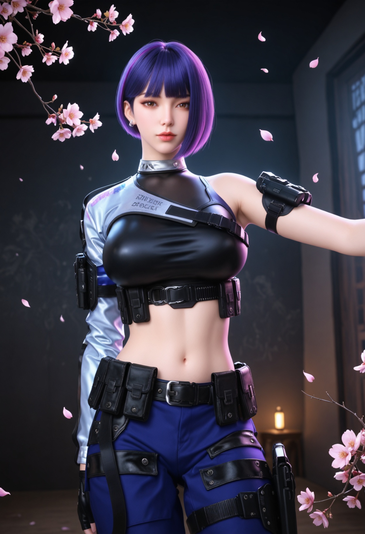 (upper_body:1.2),(gigantic breasts:0.6),Perky boobs,(looking at viewer:1.1),facing viewer,direct gaze,(masterpiece:1.1),(best quality:1.2),(intricate details),(smog:1.3),(Dark room:1.3),(dim lighting:1.3),peach blossom,falling petals,<lora:YQ_Illustrious光辉v5_雨墨_V1:0.8>,1girl,q1528437228,solo,short hair,purple hair,crop top,gloves,pants,belt,boots,holster,blunt bangs,police uniform,multicolored hair,jewelry,earrings,belt pouch,brown eyes,knee pads,thigh holster,masterpiece,(best quality),(intricate details:0.9) BREAK (intricate details:0.9),(realistic skin:1.2),masterpiece,best quality,newest,absurdres,hiahres,