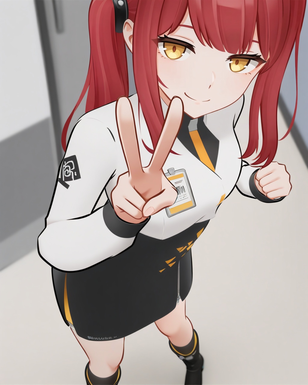 masterpiece,best quality,office,smile,closed mouth,standing,v,<lora:kaluolin_xl:0.75>,(3dstyle:1.2),kaluolin,1girl,solo,skirt,red hair,looking at viewer,shirt,side ponytail,black skirt,boots,white shirt,yellow eyes,long sleeves,black footwear,socks,necktie,closed mouth,long hair,black socks,high-waist skirt,bangs,