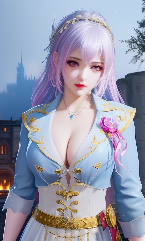 (,1girl, ,best quality, ),looking at viewer, <lora:480-DA-斗罗大陆-永劫无间-唐舞桐:0.8> ,,,ultra detailed background,ultra detailed background,ultra realistic 8k cg, ,masterpiece, (( , )),     ,castle,     pyrokinesis,  (cleavage), (),