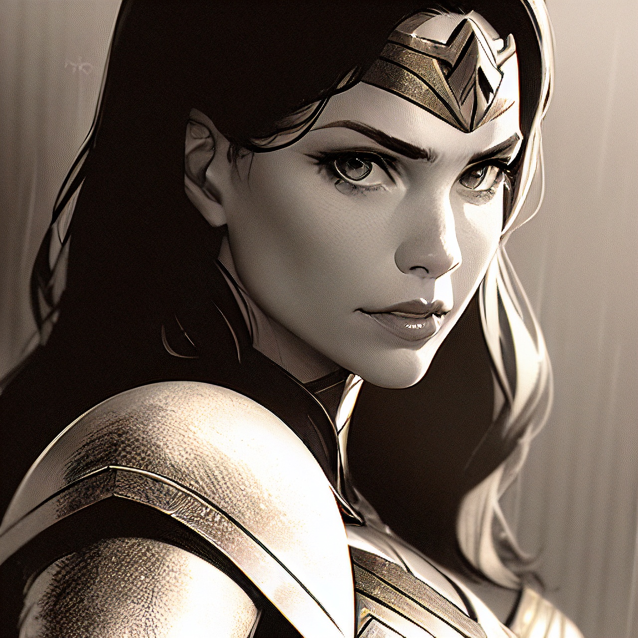 Zack Snyder’s Wonderwoman portrait in chiaroscuro black & white graphite pencil, hard-key side light, golden armor, fierce eyes, moody, wet, rain, shiny, hyper realism, cinematic lighting --ar 4:7 --s 555 --c 3 --v 5