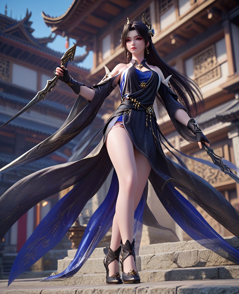 (oriental architecture, elegant decor, sophisticated style:1.1),(Dual Weapon Stance, Holding two weapons with a balanced and confident stance,:1.1),looking at viewer,(breasts:1.2),<lora:XL16斗破苍穹曹颖:0.95>,miss caoying,black dress,slip blue dress,brown eyes,red eyeshadow,black hair,very long hair,hair ornament,earrings,jewelry,fingerless gloves,black heels,, score_9,score_8_up,score_7_up,score_6_up,score_5_up,score_4_up,3d rendering,tag1,tag2, Cinematic Lighting,backlighting,, zPDXL3, zPDXL2,zPDXL, zPDXLxxx, zPDXLrl,