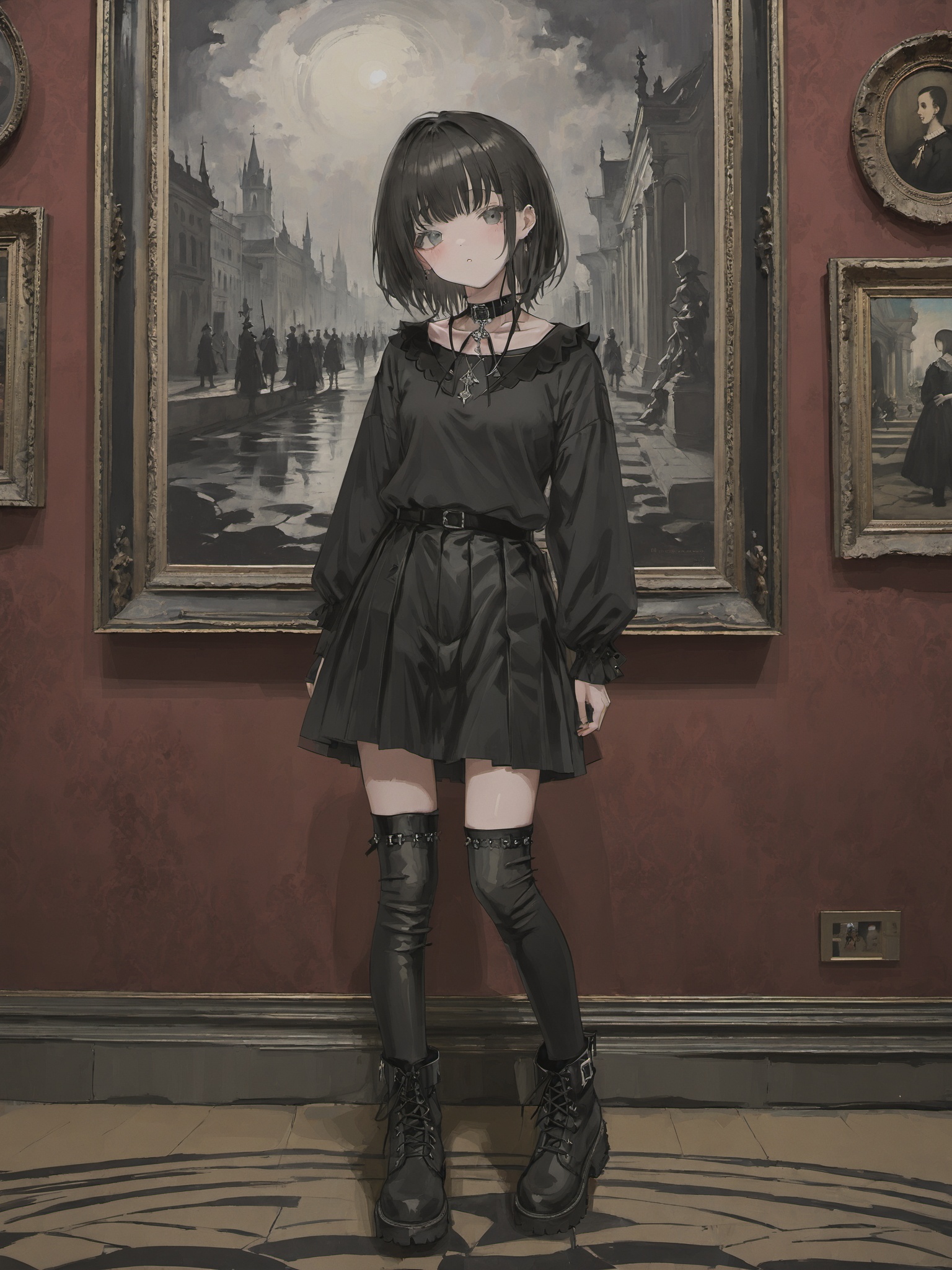 yishi style,loli looking at a painting,from side,in the museum,choker,thighhighs,gothic,black boots,<lora:yishi_style_v4:0.75>,detailed background,<lora:add-detail-xl:1>,, masterpiece, best quality,