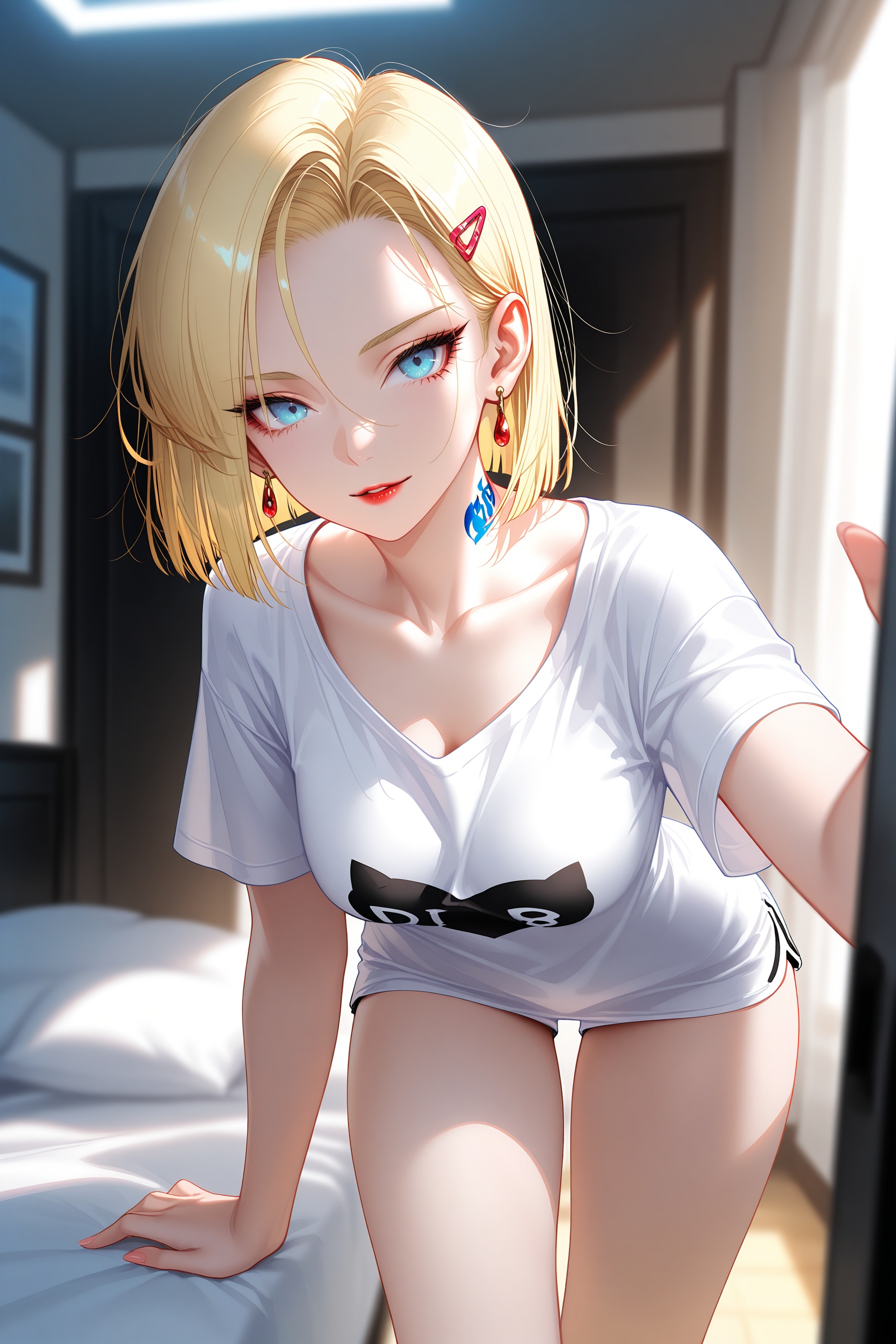 masterpiece,best quality,amazing quality,very awa,very aesthetic,absurdres,highres,high detail,detailed background,dynamic pose,skindentation,ultra-detailed,beautiful face,beautiful eyes,Cinematic Photography,depth of field,detailed shading,film grain,1girl,solo,eyelashes,collarbone,hair ornament,jewelry,light smile,red lips,parted lips,looking at viewer,wide shot,t-shirt,open jacket,neck tattoo,(disheveled hair,messy hair),android 18