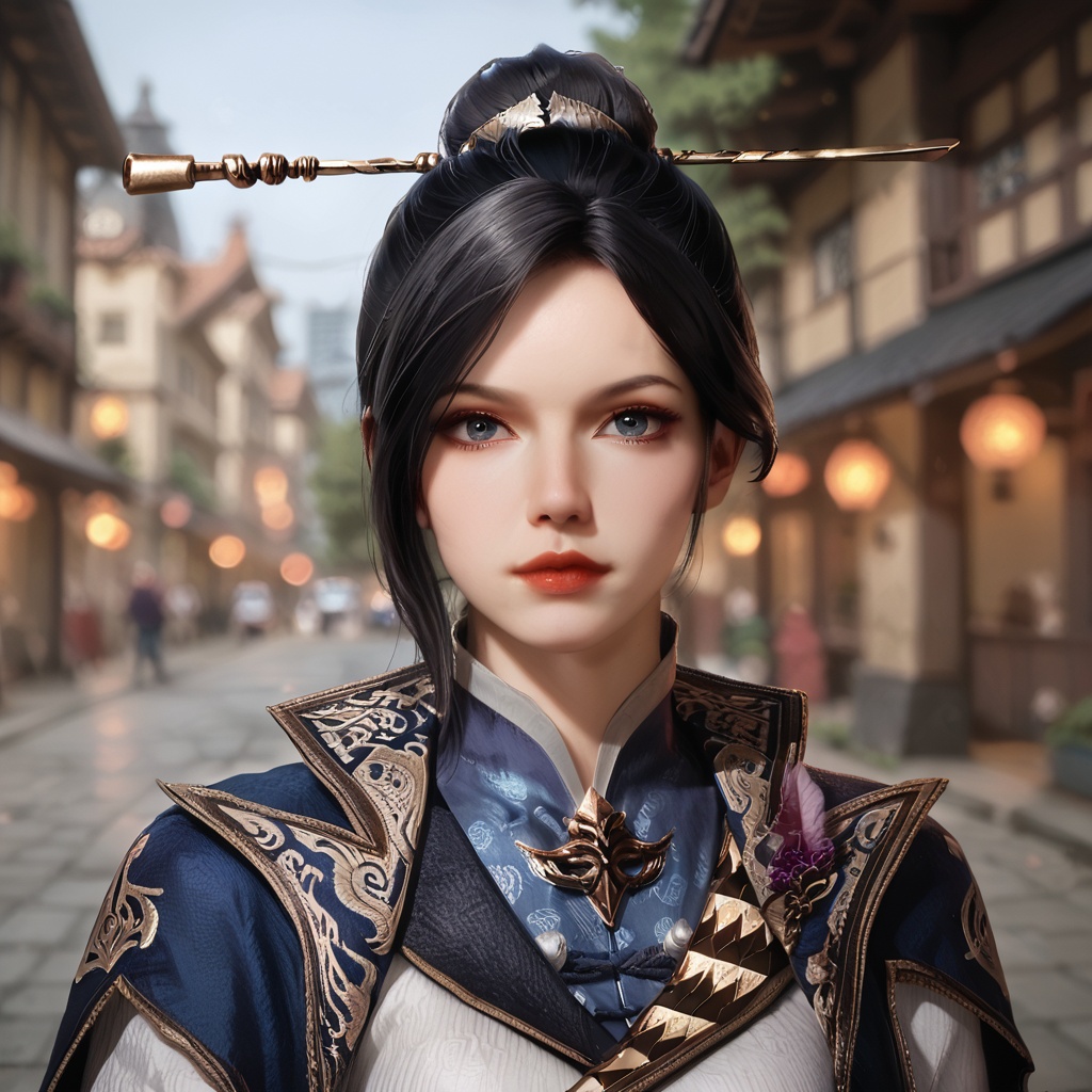 score_9,score_8_up,score_7_up,source_realistic,rating_safe,realistic,photo realistic,ultra realistic,<lora:ZhouYi-Pony:0.75>,zhouyi,(upper body),(looking at viewer),1girl,solo,black_single_hair_bun,hair ornament,hair pins,hair stick,high collar,chinese clothes,warm gradient,warm colors,dusk atmosphere,traditional buildings,blurred tree,traditional alley,soft focus,blurry background,depth of field,