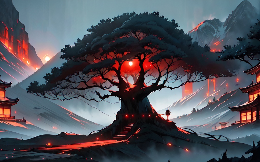 breathtaking Scif vibes. Otherworldly. Cinematic. Ominous mountain, digital art, inspired by Cyril Rolando, digital art, blood red moon, forest, Japanese temple, beeple and jeremiah ketner, symmetrical digital illustration, realism | beeple, over detailed art, music album art. Creepy . award-winning, professional, highly detailed