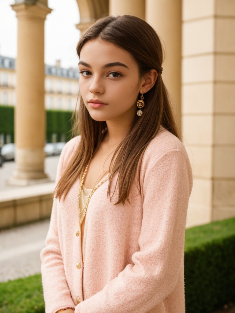 best quality,  glamour a young girl 18yo skin skin-color color stand in france,  chanel_image on Tensor.Art