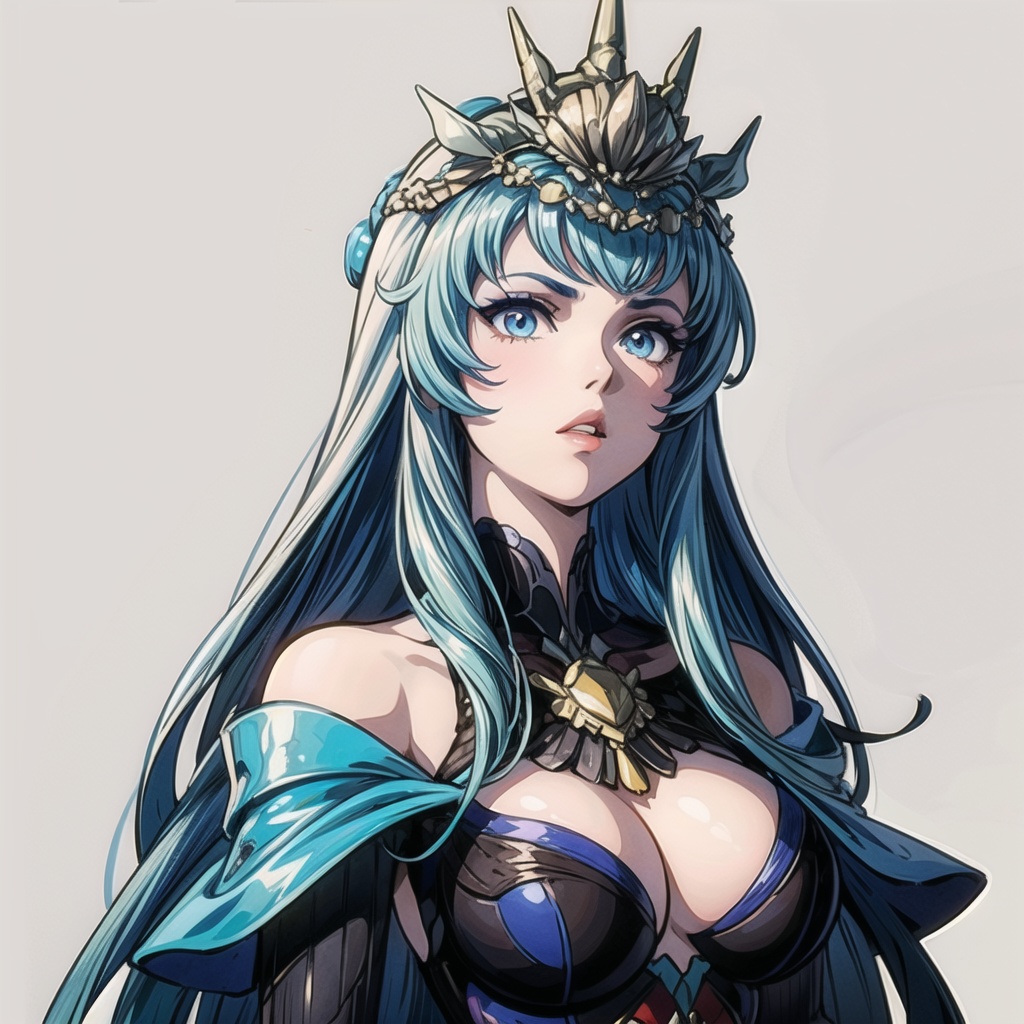 masterpiece,best quality,illustration,anime,simple gray background,1girl,solo,blue eyes,long hair,blue hair,lips,tiara,parted lips,breasts,dress,bare shoulders,armor,crown,<lora:add_detail:1>,<lora:_20240307205553:0.7>,
