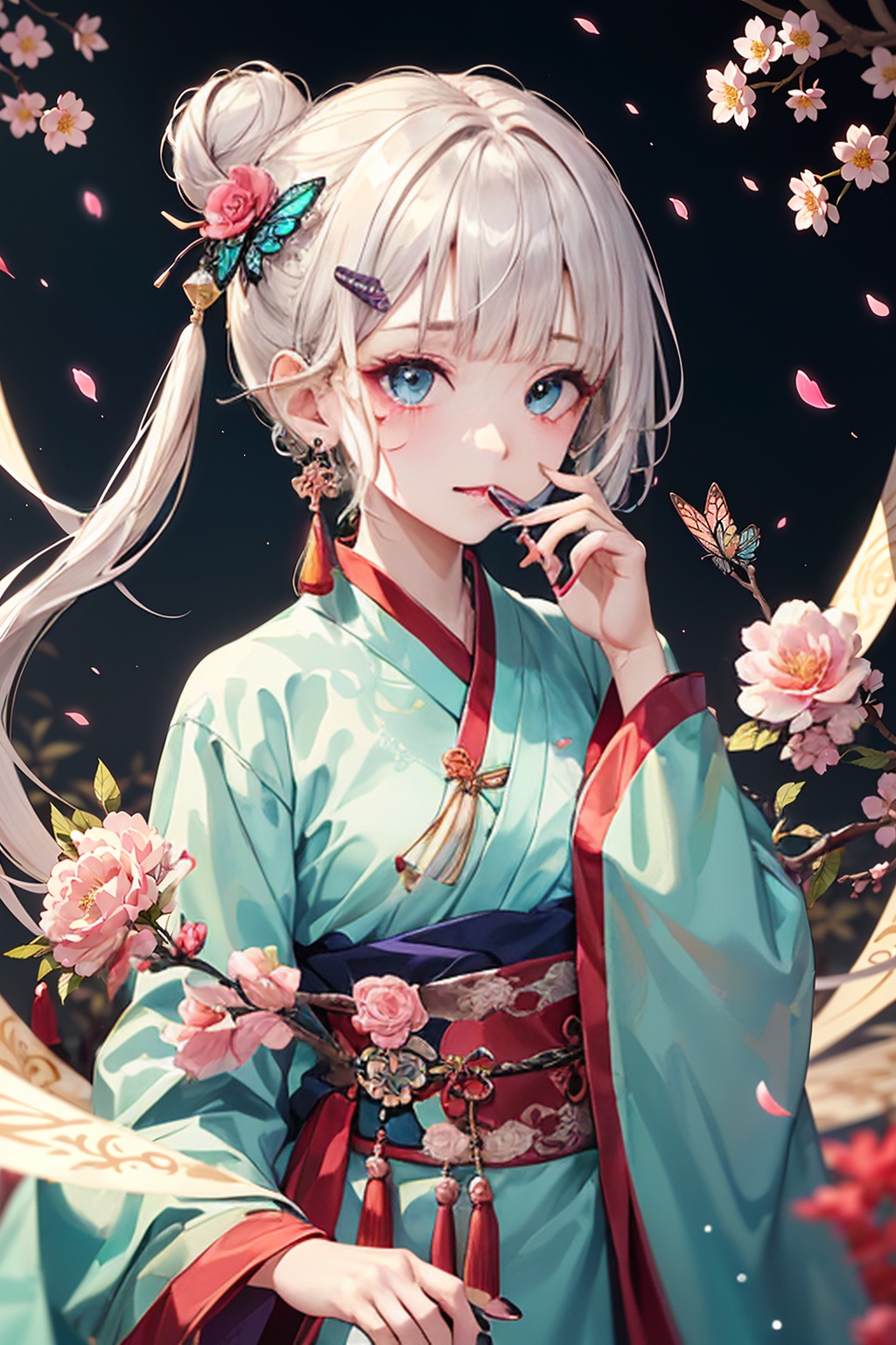 masterpiece,best quality,high quality,(colorful),loli,1girl,hair ornament,hand fan,jewelry,solo,butterfly,bug,holding fan,folding fan,hair flower,holding,flower,looking at viewer,earrings,white hair,blue eyes,necklace,upper body,covering own mouth,blunt bangs,hair bun,long hair,tassel,pink nails,hanfu,blurry,makeup,single hair bun,tattoo,folded fan,chinese clothes,pink flower,eyeshadow,facial mark,eyeliner,tassel hair ornament,hand up,blurry background,long sleeves,tassel earrings,nail polish,hairpin,hairclip,<lora:国风插画SDXL:1>,