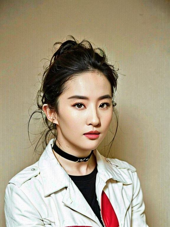 lyf,1girl, choker, solo, black_choker, red_jacket, black_hair, looking_at_viewer, realistic, lips, jacket,<lora:刘亦菲:1>,