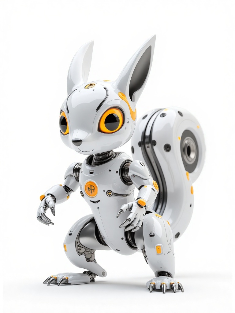 HIRO,A highly detailed CGI rendering of a futuristic, anthropomorphic robotic squirrel with a sleek, white and silver metallic body adorned with orange accents. The robot has large, expressive yellow eyes, a bushy tail, and stands on digitigrade legs with clawed feet. The background is a plain white, emphasizing the intricate mechanical design and smooth, reflective surfaces. 