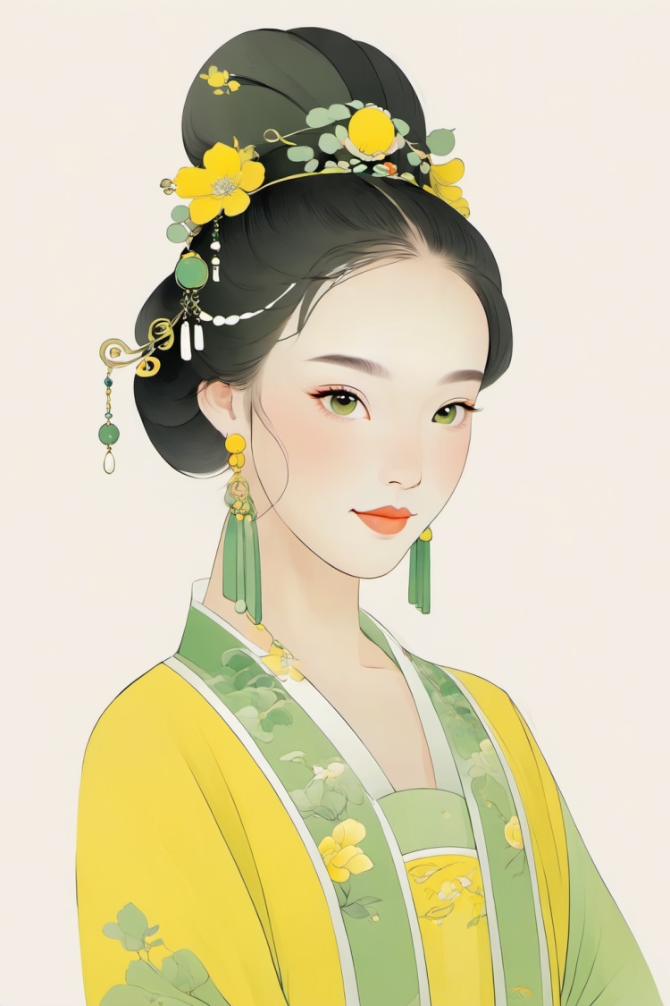 (chinese traditional minimalism:1.3), Close-up Portrait, Left View, Chinese eenchanting Maiden, Charming smile, solo,1girl, beautiful ,elegant, yellow-green color matching , white background, hair, hair accessories, earrings,