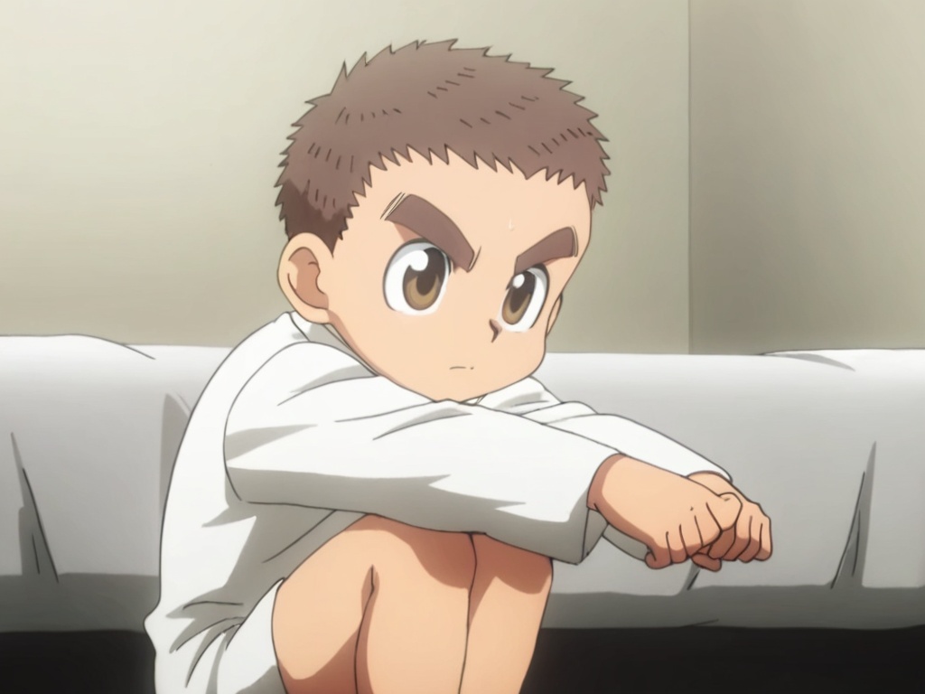 <lora:Zushi_XL:1>,zushi,masterpiece,best detail,best quality,bedroom,1boy,solo,toddler,petite,thick eyebrow,(very short hair:1.1),brown eyes,big_eyes,correct eyes,(perfect hands,5fingers:1.2),white dobok,black lining,correct anatomy,a serious expression,hugging_own_legs,(full_shot:1.6),available light,incredibly absurdres,