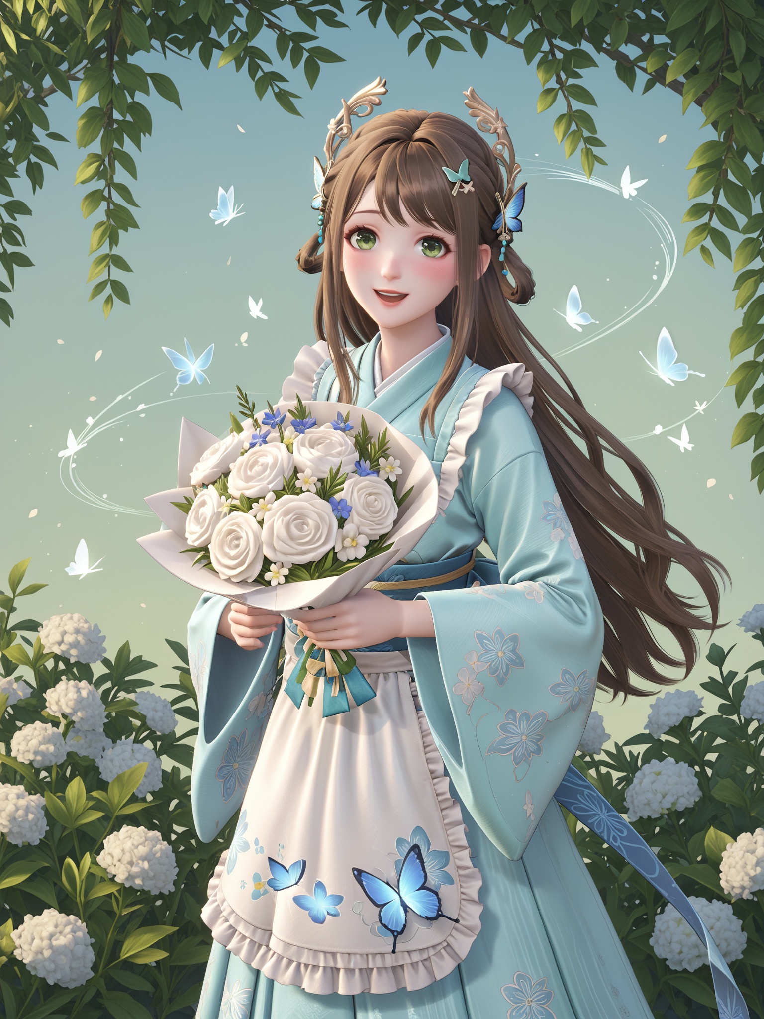 score_10,score_9,score_8_up,score_7_up,1girl,hair ornament,solo,long hair,butterfly,brown hair,flower,green eyes,bug,looking at viewer,smile,blue butterfly,open mouth,holding,wide sleeves,apron,japanese clothes,x hair ornament,bouquet,frills,kimono,long sleeves,blush,holding bouquet,:d,