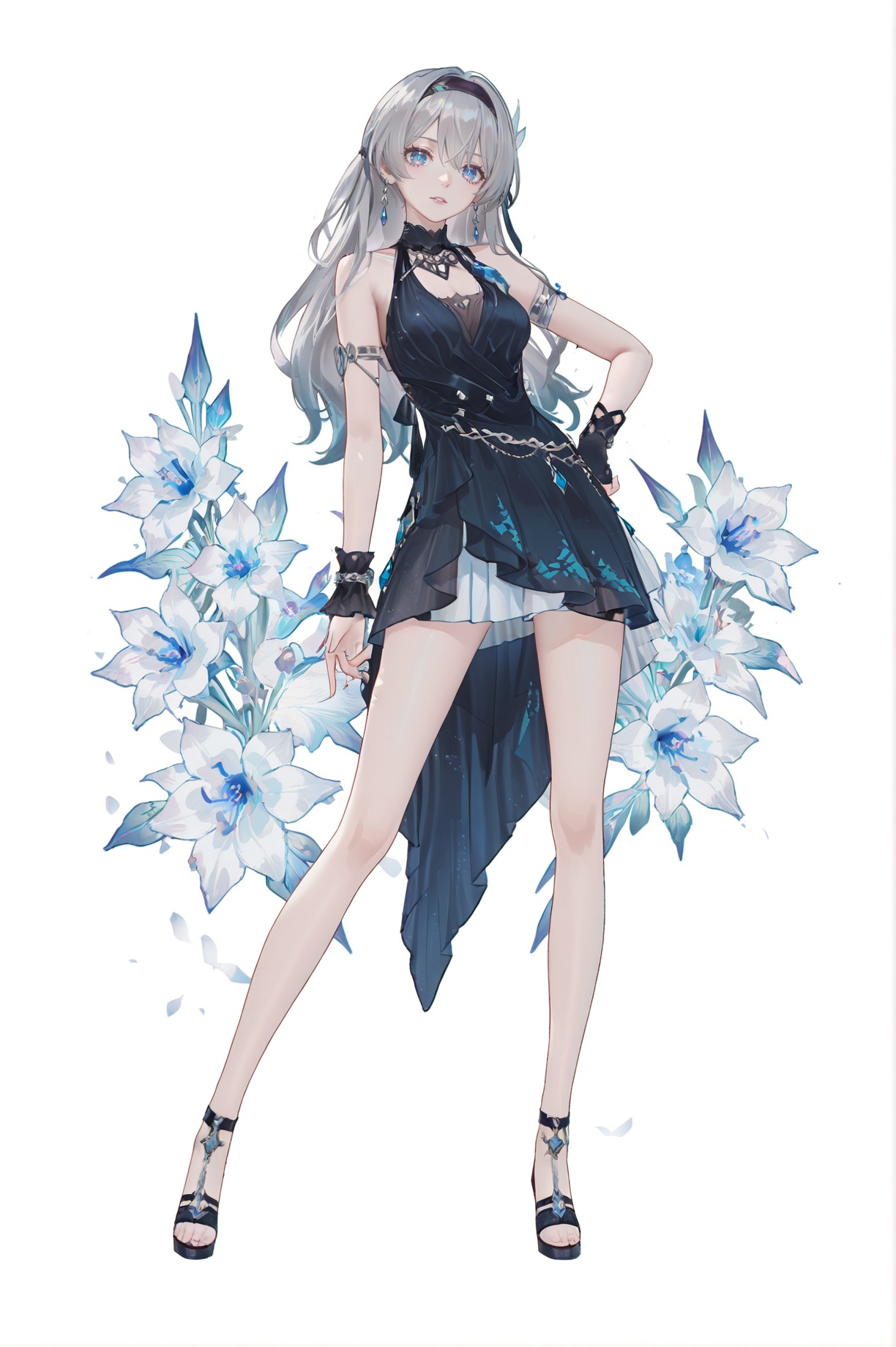 8k,best quality,masterpiece,(ultra-detailed),(high detailed skin),(artist:reoen:0.826446),(artist:machi:0.9),(artist:ningen_mame:0.9),(artist:sho_(sho_lwlw):0.9),(artist:rhasta:0.9),(artist:wlop:0.7),(artist:ke-ta:0.6),(fkey:0.5),(tianliang duohe fangdongye:0.5),(hiten \(hitenkei\):0.6),best quality,amazing quality,(artist:onineko:0.826446),very aesthetic,bokeh,masterpiece,best quality,<lora:wqmt-gnoob-Tanger:0.45>,Path to Nowhere  \(video game\),game CG,cool,full body,full shot,standing,looking at viewer,(solo:1.2),simple background,(white background:1.2),hand on own hip,(white background:1.1),<lora:LKnew-noob-con-Tanger-000013:0.7>,Firefly \(honkai: star rail\),1girl,long hair,grey hair,blue eyes,hairband,<lora:yela_newc-ill-Tanger:0.9>,clothes: yelanew blue-and-black dress,yelanew alternate costume,1girl,yelanew single glove,jewelry,bracelet,sleeveless,yelanew fur trim,