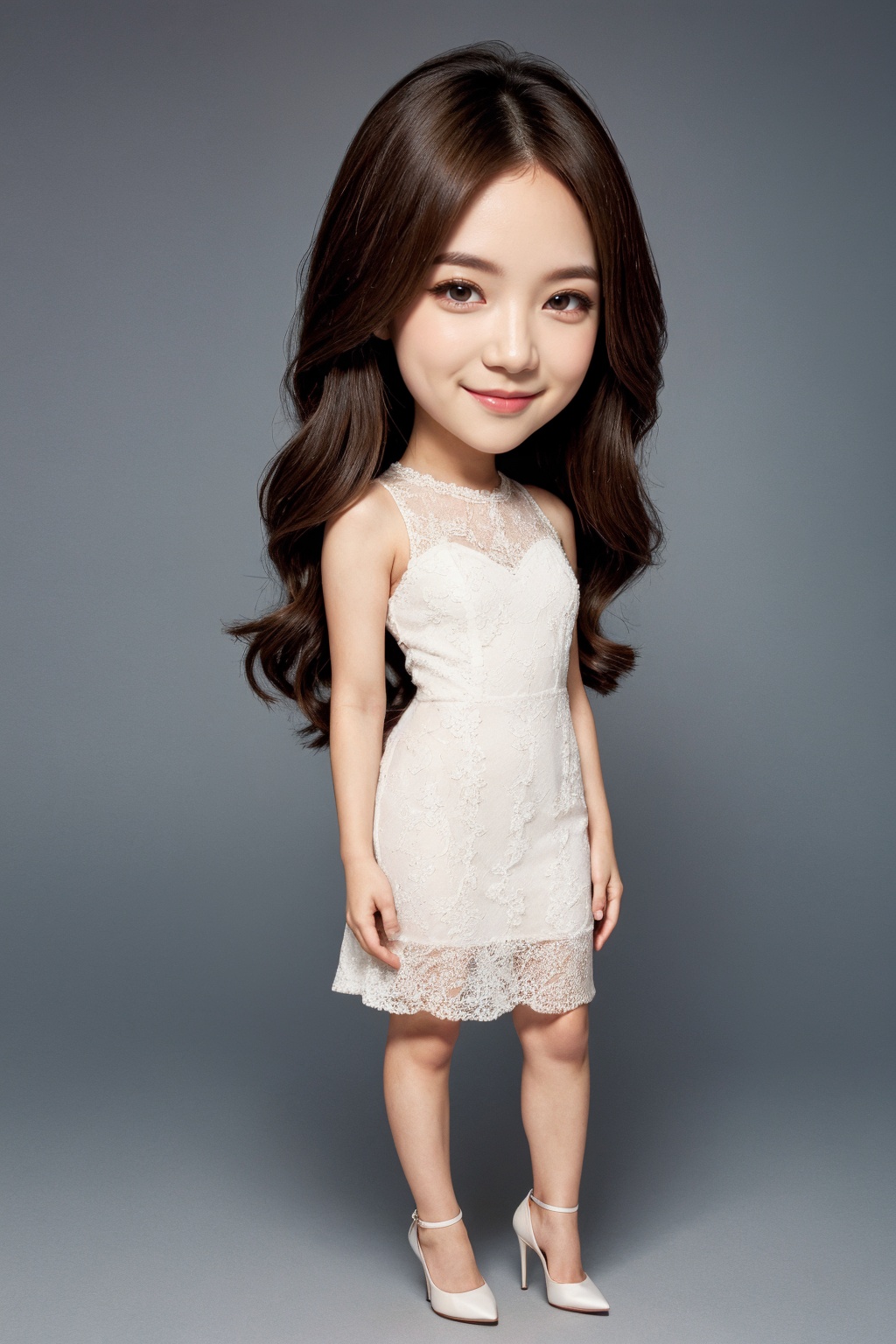 1woman, solo, long hair, dress, brown hair, brown eyes, white dress, smile, standing, realistic, looking at viewer, lips, full body, chibi, high heel shoes, sleeveless, photorealistic, sleeveless dress