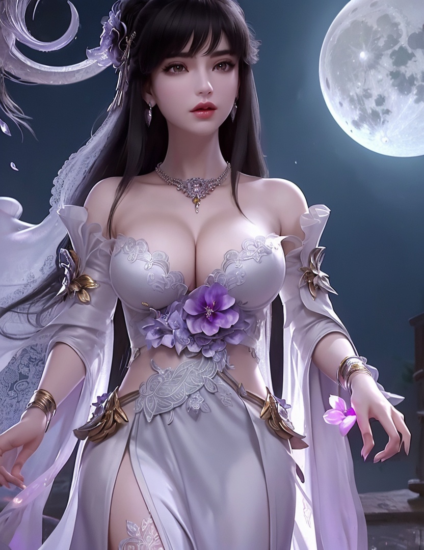 ultra realistic 8k cg, picture-perfect face, flawless, clean, masterpiece, professional artwork, famous artwork, cinematic lighting, cinematic bloom, perfect face, beautiful face, fantasy, dreamlike, unreal, science fiction,   lace, lace trim, lace-trimmed legwear,  (rich:1.4), prestige, luxury, jewelry, diamond, gold, pearl, gem, sapphire, ruby, emerald, intricate detail, delicate pattern, charming, alluring, seductive, erotic, enchanting, hair ornament, necklace, earrings, bracelet, armlet,halo((,1girl, pov,))(((1girl, jewelry, solo,, breasts, , looking_at_viewer,  outdoors,  full moon,  upper body,  purple flower, )))    <lora:DA_YueChanTeen:0.7>