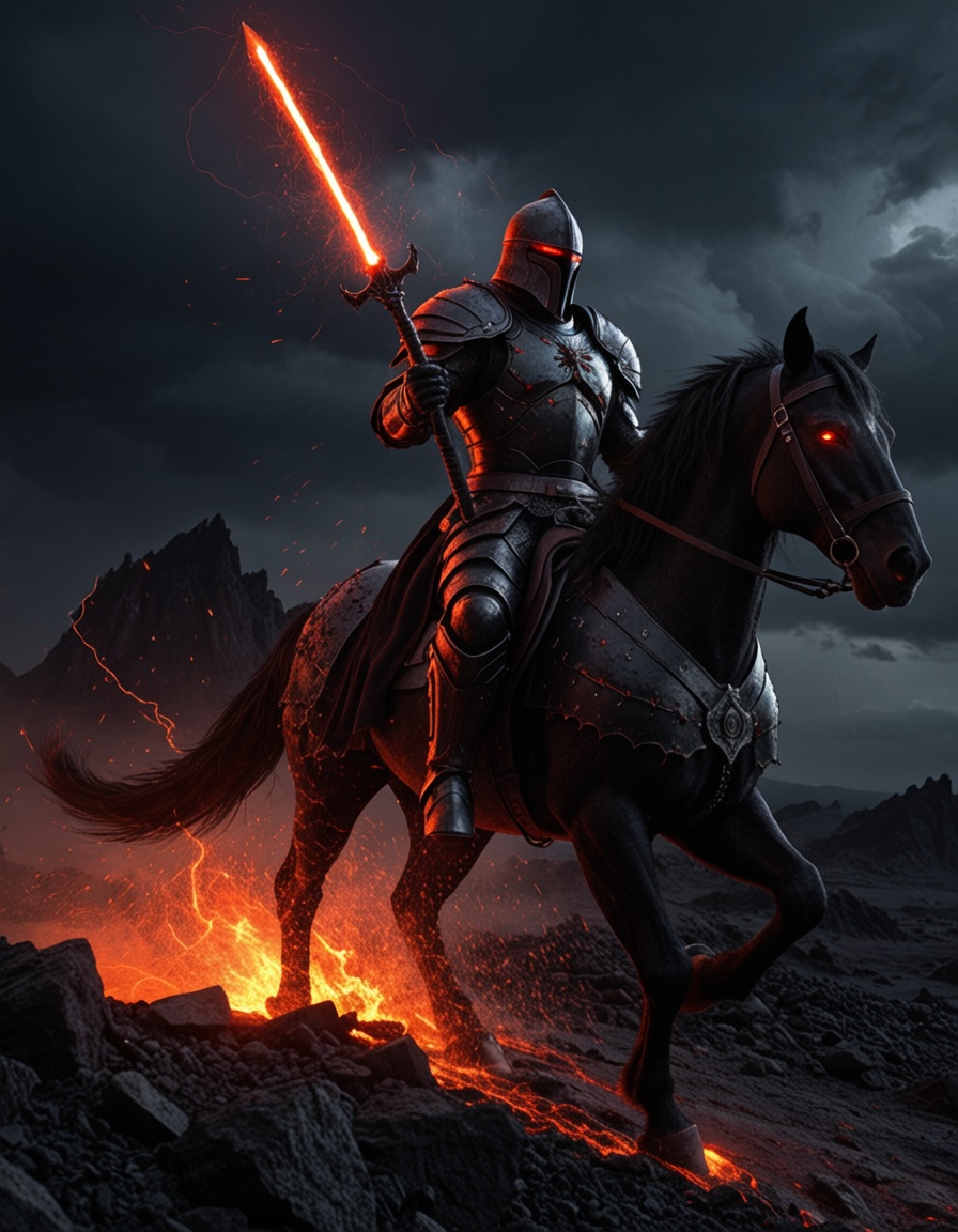A highly realistic cinematic depiction of a dark armored knight riding a black warhorse through a volcanic,  stormy landsc...