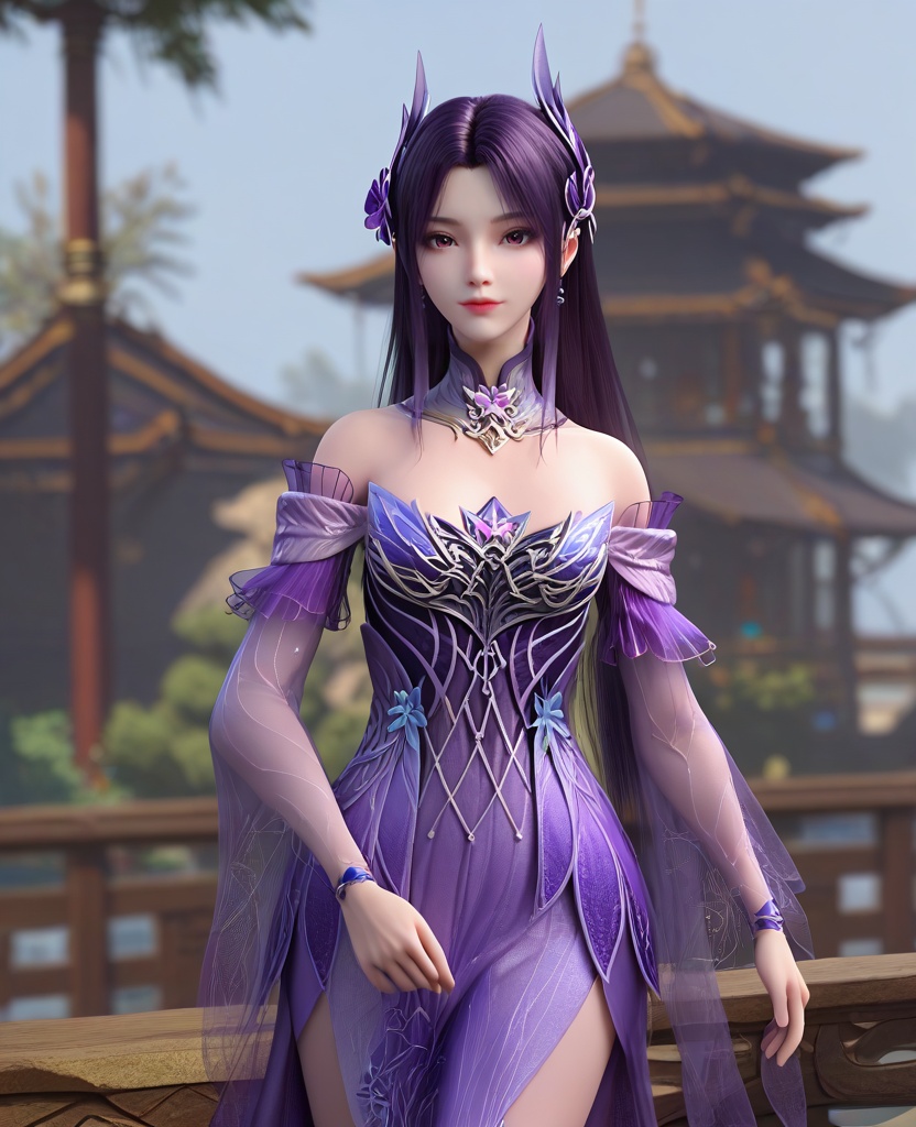 (oriental architecture, elegant decor, sophisticated style:1.1),(w arms:1.1),looking at viewer,(breasts:1.2),<lora:XL16斗破苍穹小医仙黑发斗尊:0.95>,miss xiaoyixian,purple dress,rufous eyes,dark purple hair,half-up braid with long cascading hair,hair ornament,bare shoulders,detached collar,wide flowing sleeves with sheer fabric,earrings,jewelry,purple sheer fabric petticoat,sash,spiral foot decoration,purple high heels,, score_9,score_8_up,score_7_up,score_6_up,score_5_up,score_4_up,3d rendering,tag1,tag2, Cinematic Lighting,backlighting,, zPDXL3, zPDXL2,zPDXL, zPDXLxxx, zPDXLrl,
